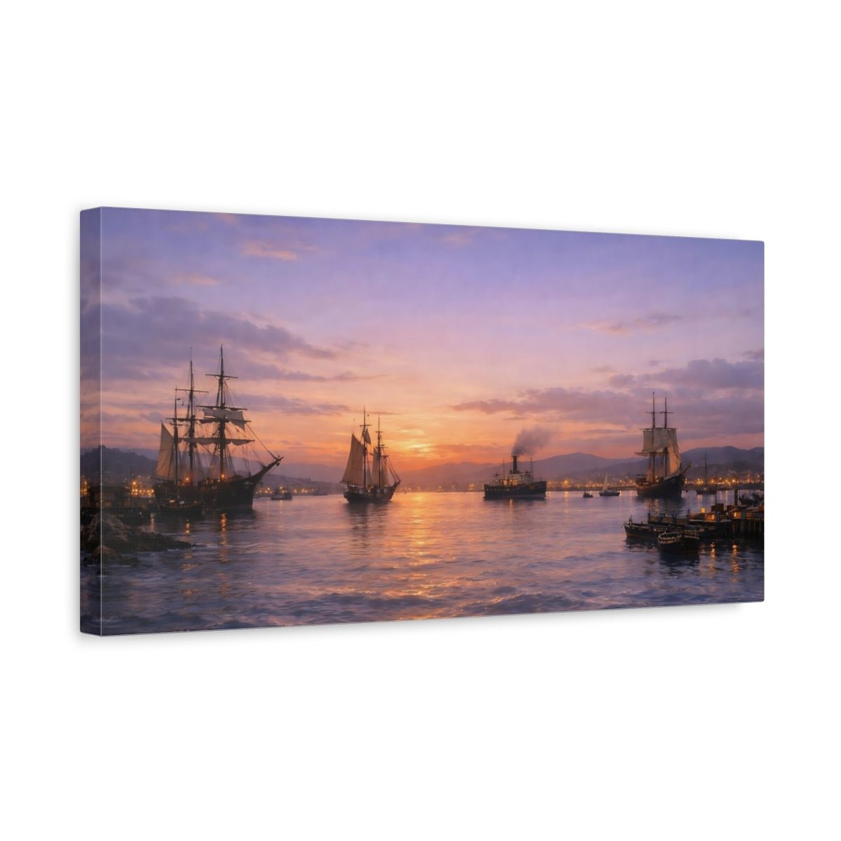 Vintage Sailing Ships Purple Orange Sky - Canvas Wall Art Print - YesArtYes