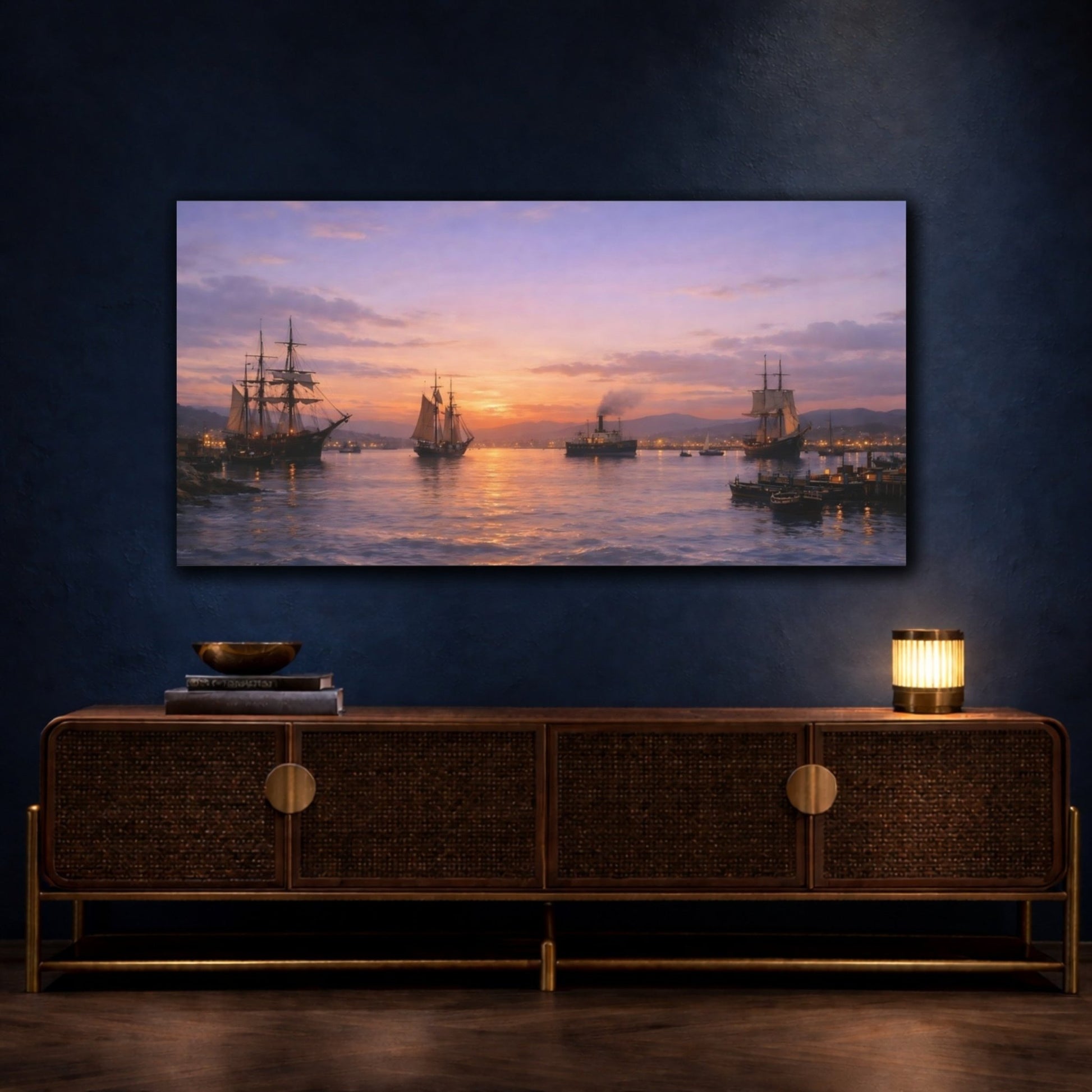 Vintage Sailing Ships Purple Orange Sky - Canvas Wall Art Print - YesArtYes