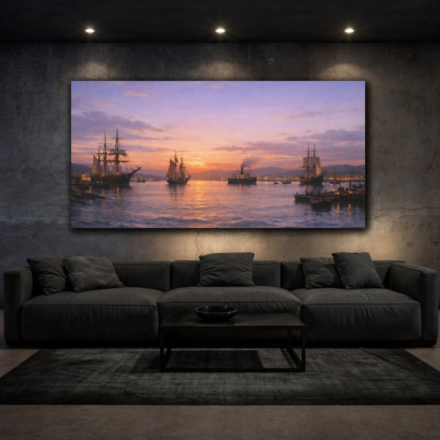 Vintage Sailing Ships Purple Orange Sky - Canvas Wall Art Print - YesArtYes