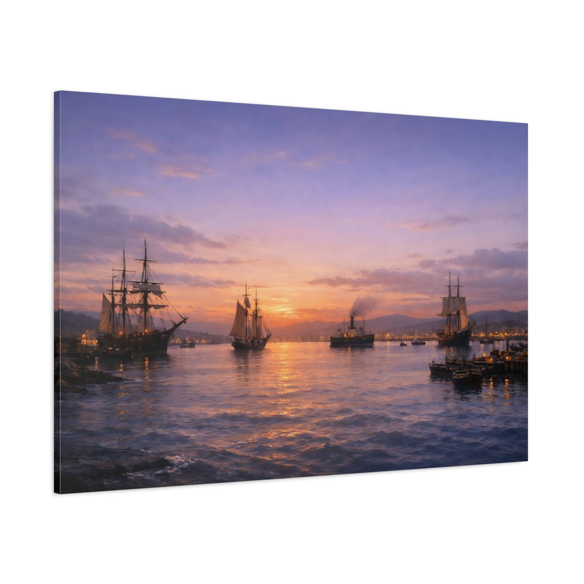 Side Mockup 1. Vintage Sailing Ships Vintage Ships Sunset shown as stretched canvas wall art