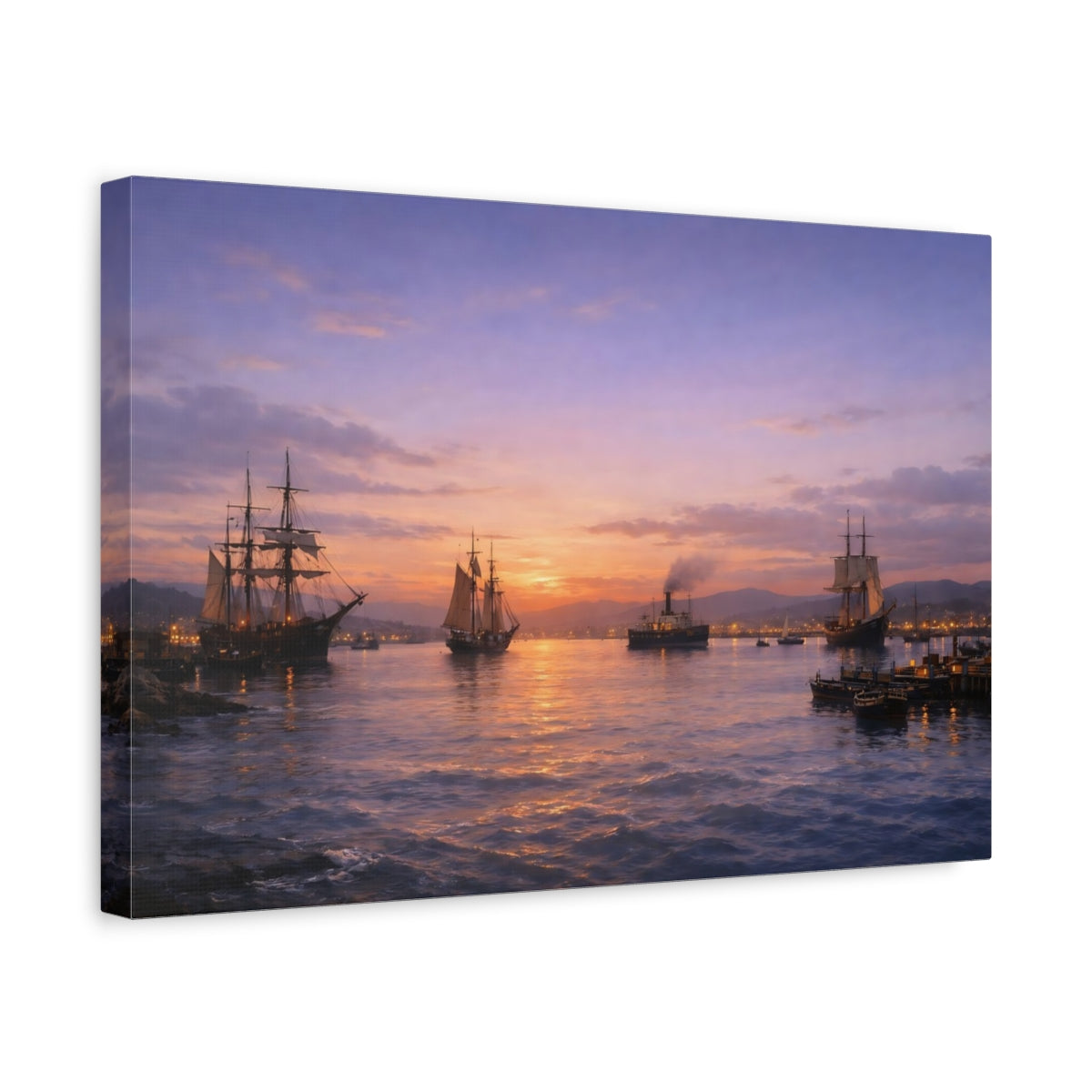 Side Mockup 4. Vintage Sailing Ships Vintage Ships Sunset shown as stretched canvas wall art