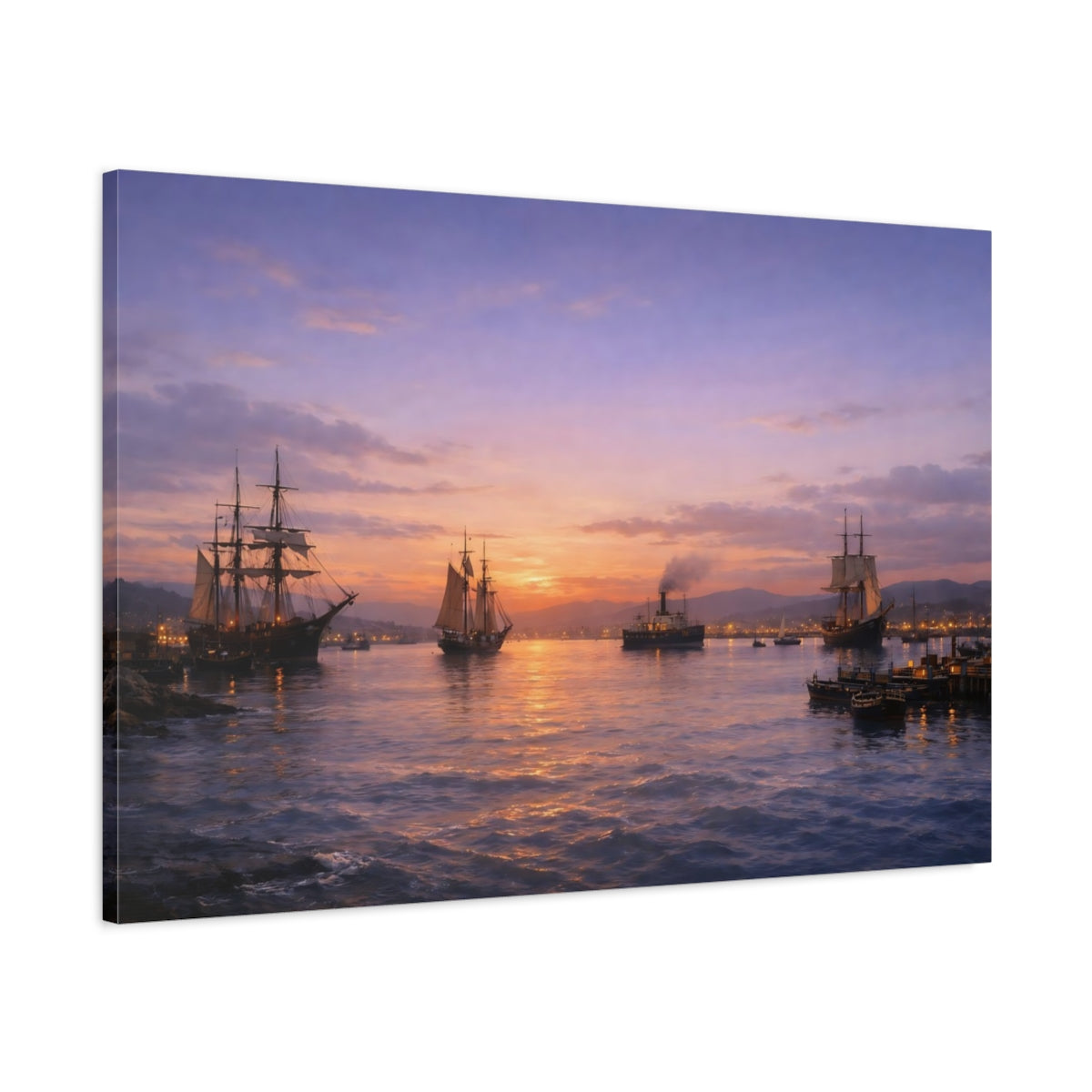 Main Mockup. Vintage Sailing Ships Vintage Ships Sunset shown as stretched canvas wall art