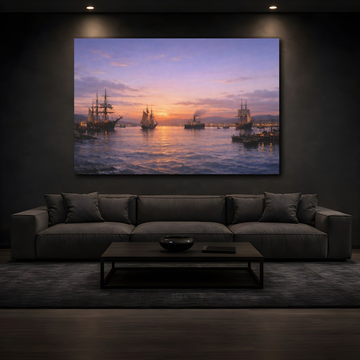 Mockup 2. Vintage Sailing Ships Vintage Ships Sunset shown as stretched canvas wall art