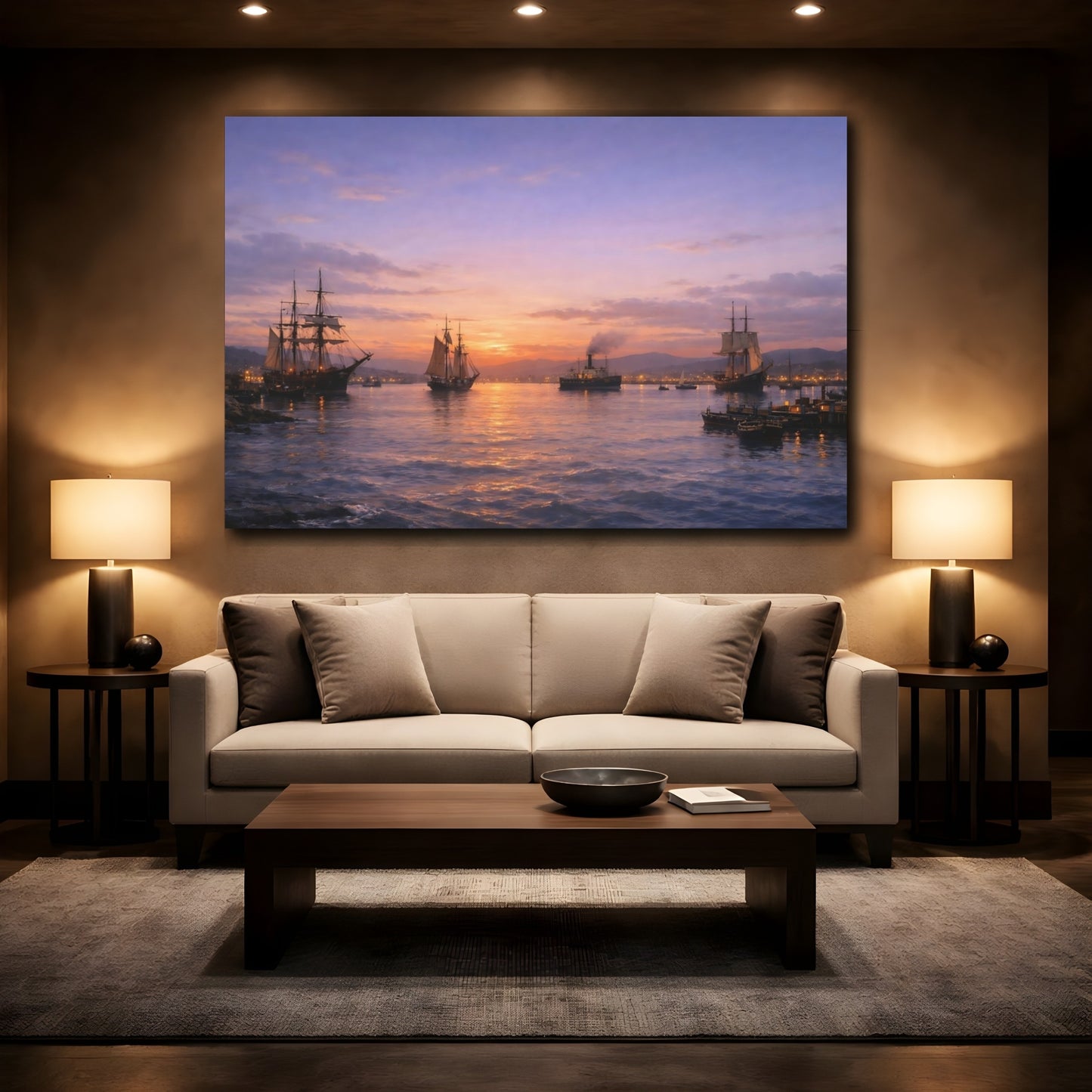 Mockup 3. Vintage Sailing Ships Vintage Ships Sunset shown as stretched canvas wall art