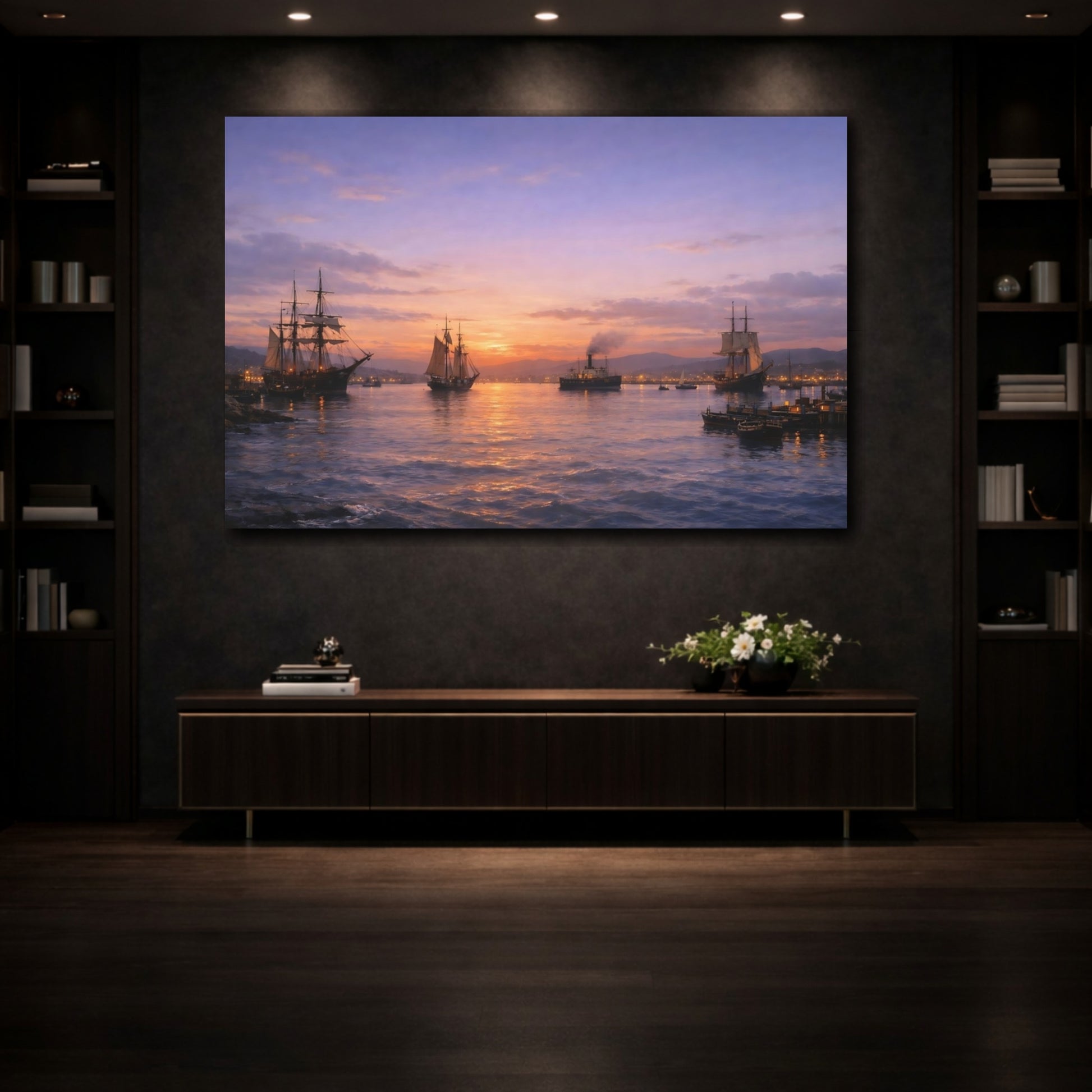 Mockup 4. Vintage Sailing Ships Vintage Ships Sunset shown as stretched canvas wall art
