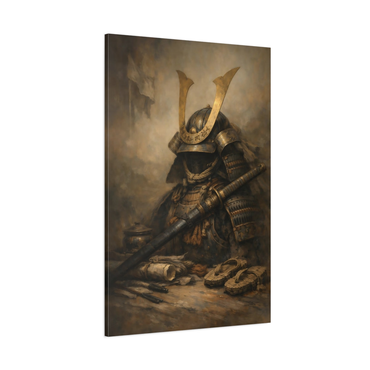 Main Mockup. Vintage Samurai Armor Bronze And Brown shown as stretched canvas wall art