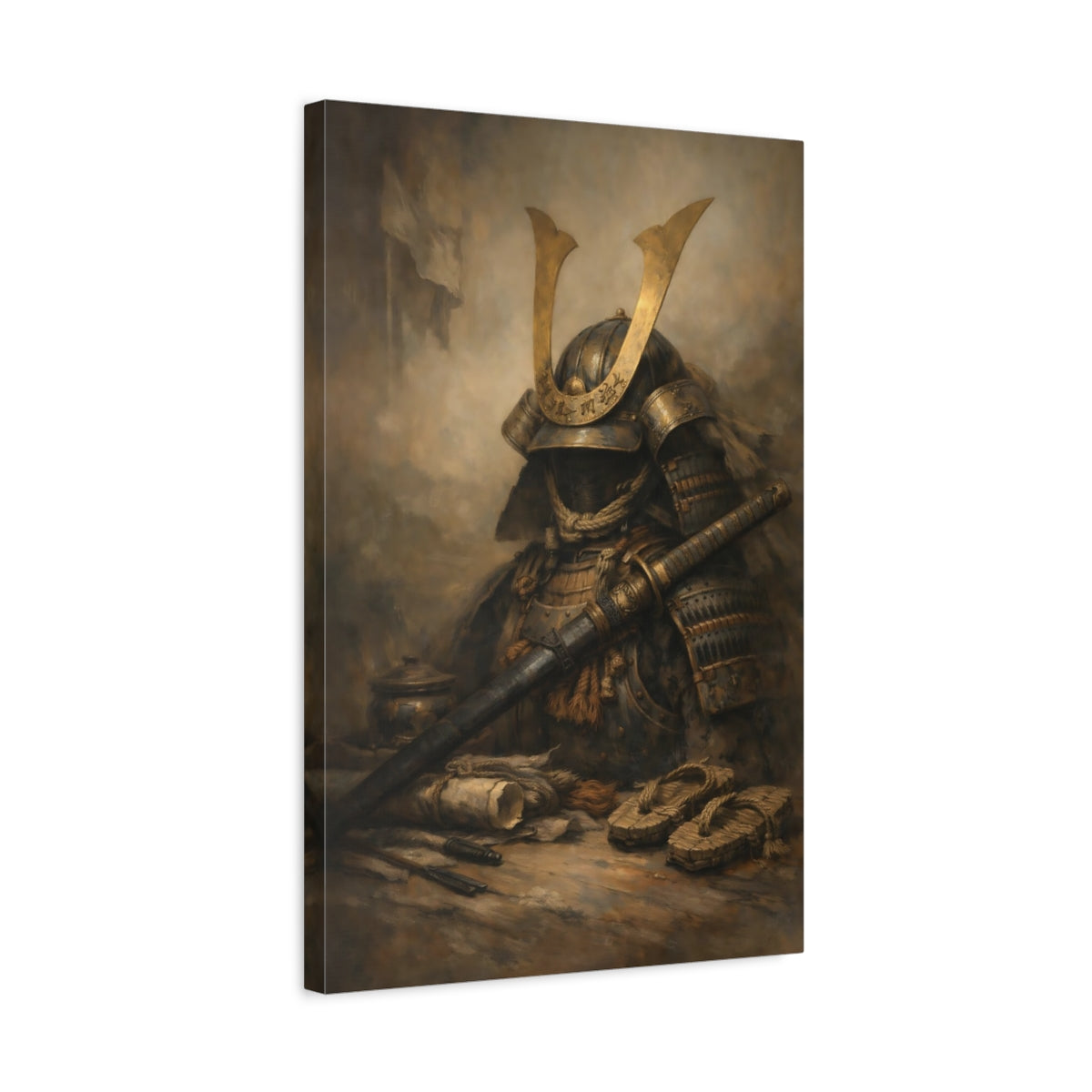 Side Mockup 3. Vintage Samurai Armor Bronze And Brown shown as stretched canvas wall art
