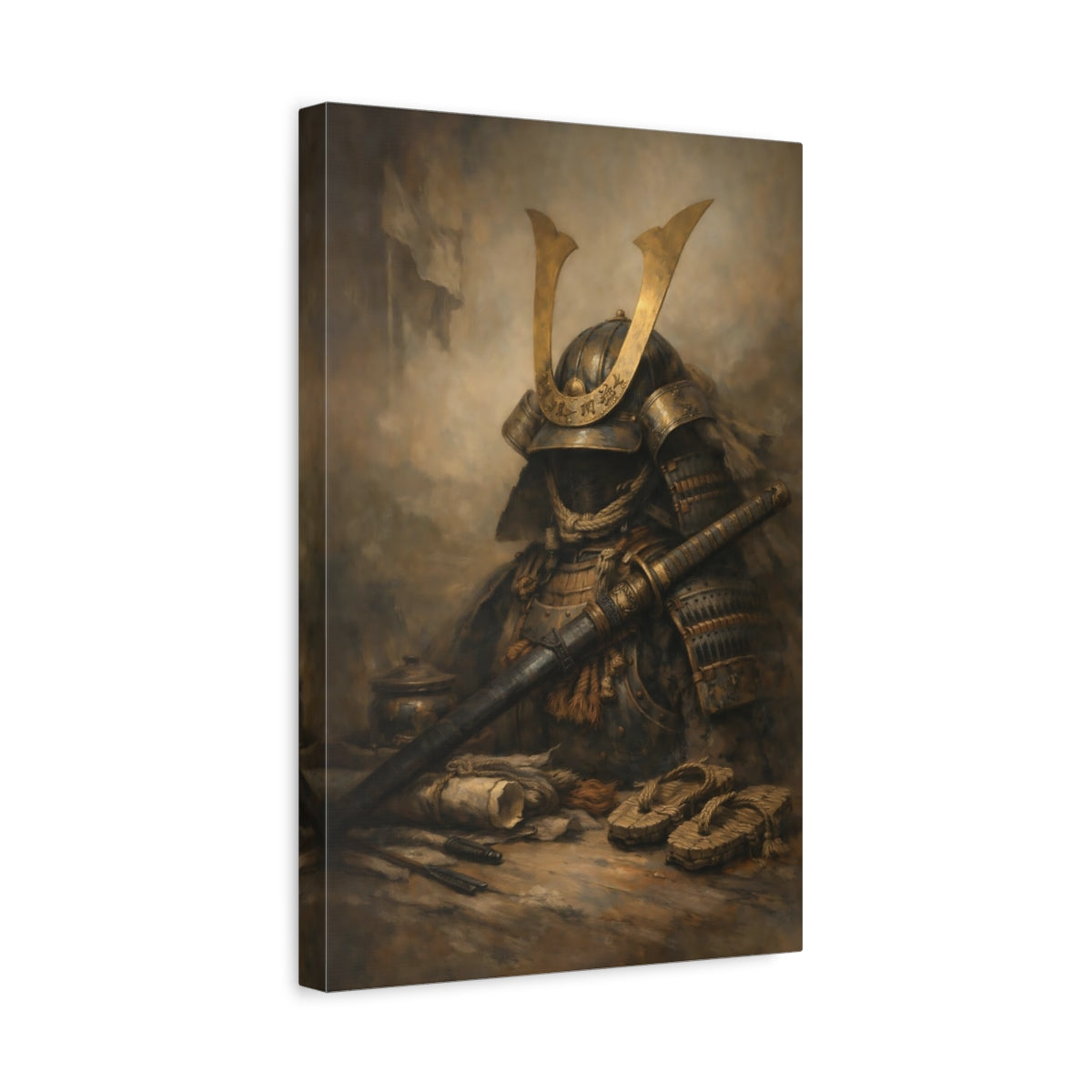 Side Mockup 4. Vintage Samurai Armor Bronze And Brown shown as stretched canvas wall art