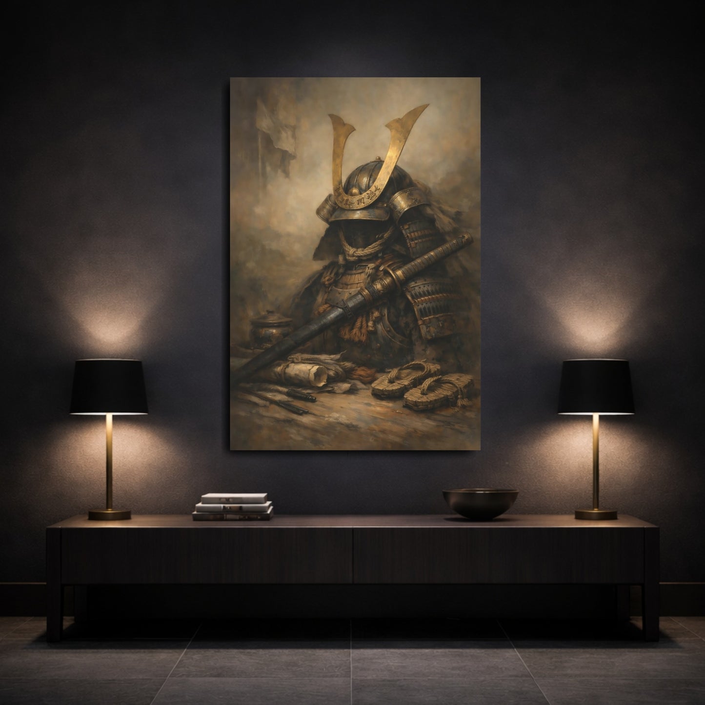 Mockup 2. Vintage Samurai Armor Bronze And Brown shown as stretched canvas wall art