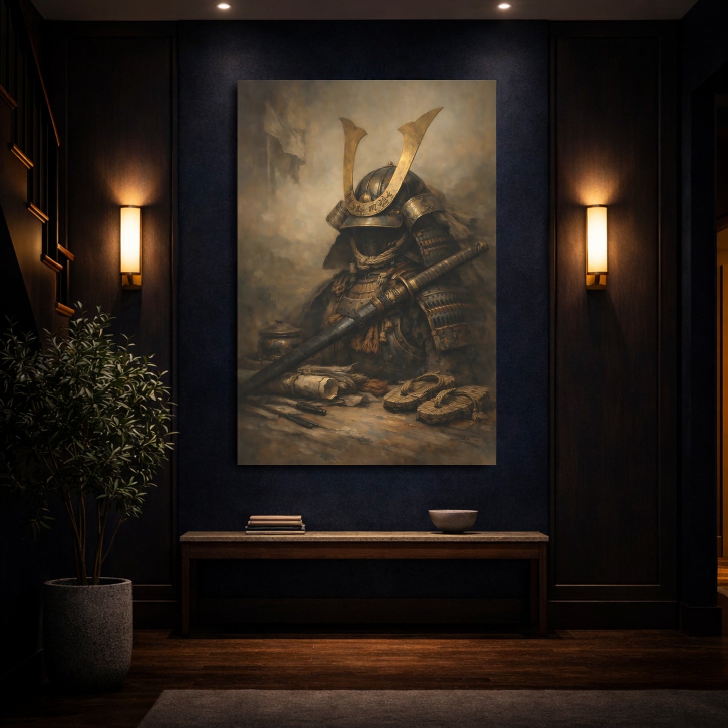 Mockup 3. Vintage Samurai Armor Bronze And Brown shown as stretched canvas wall art