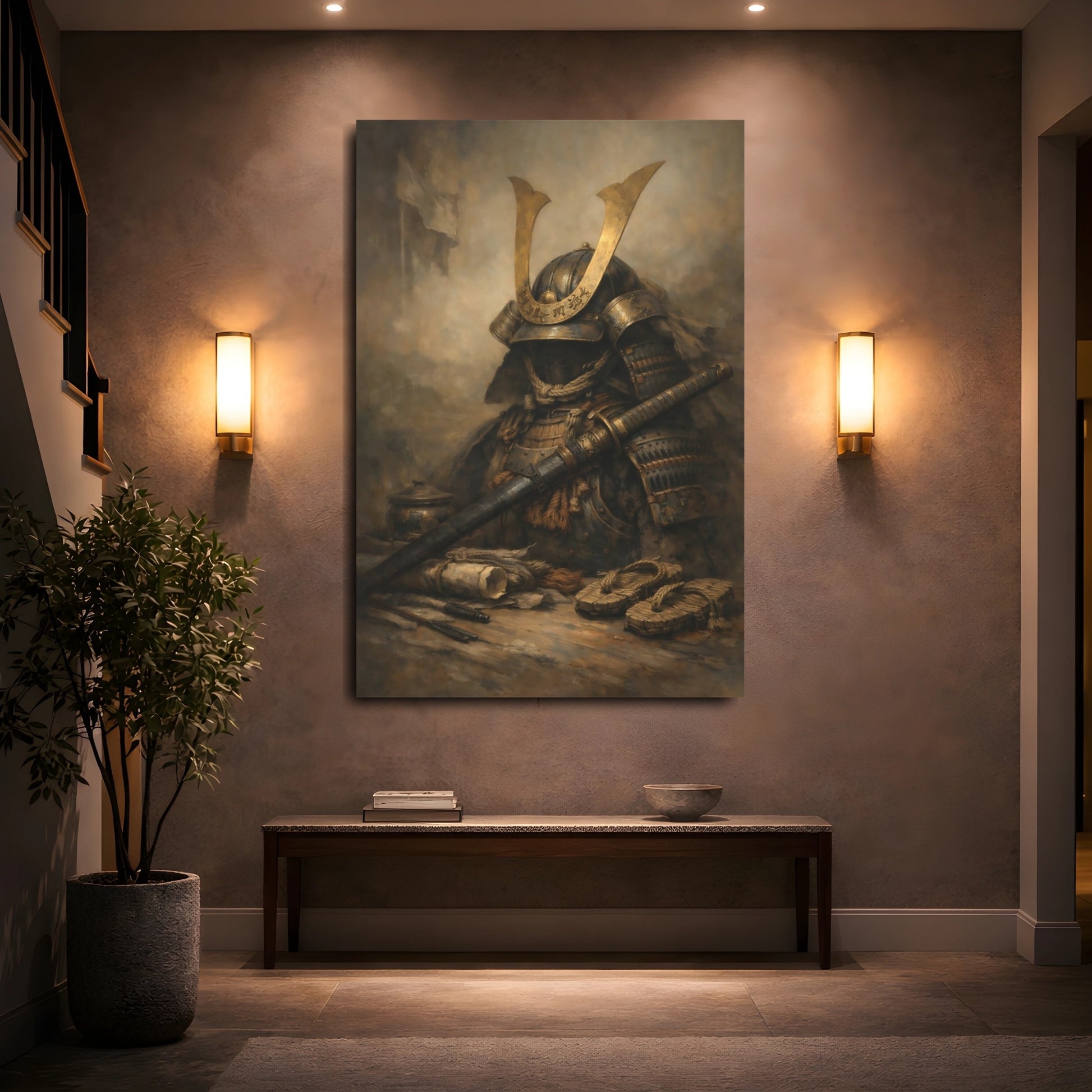 Mockup 4. Vintage Samurai Armor Bronze And Brown shown as stretched canvas wall art