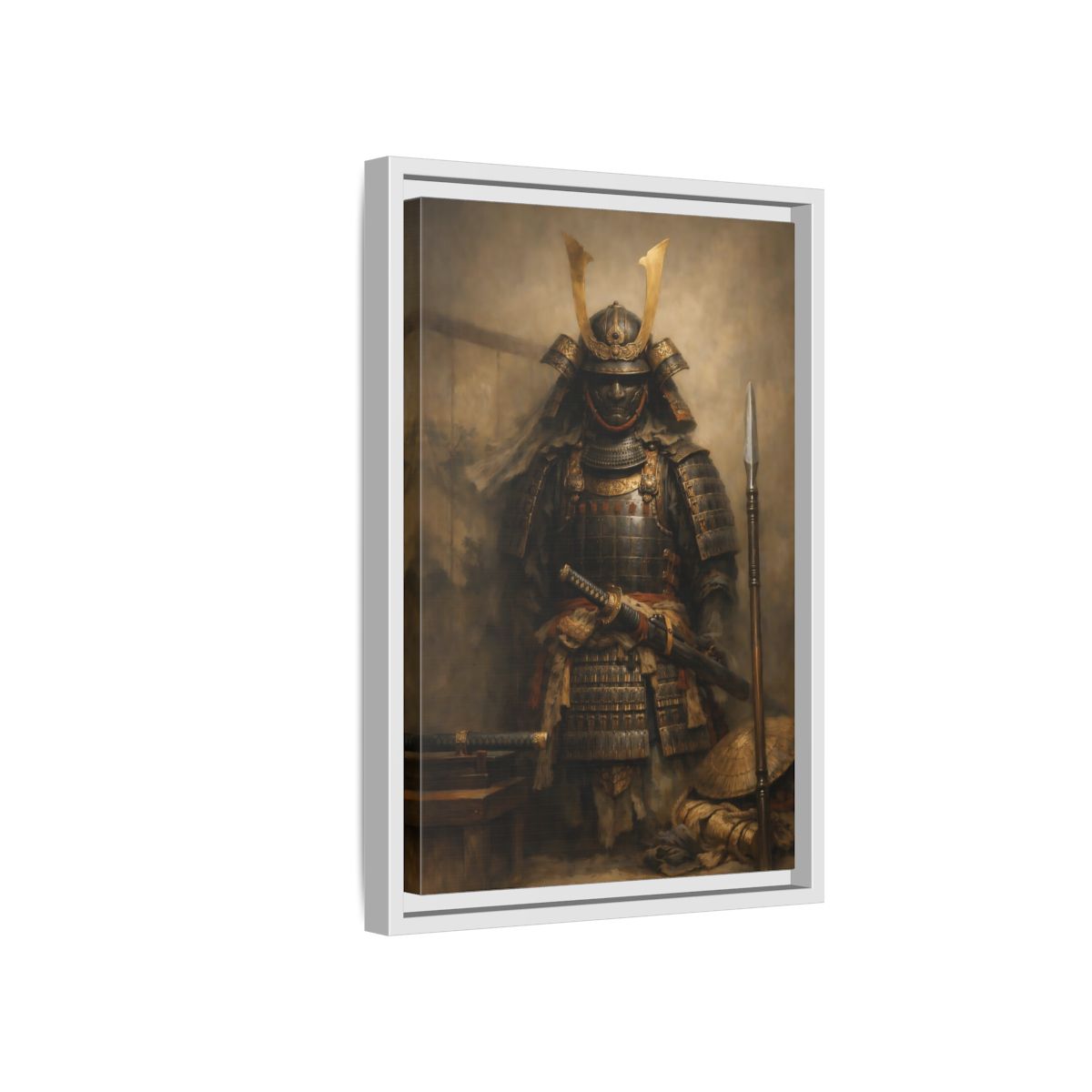 Side Mockup 4. Vintage Samurai Brown And Gold shown as stretched canvas wall art