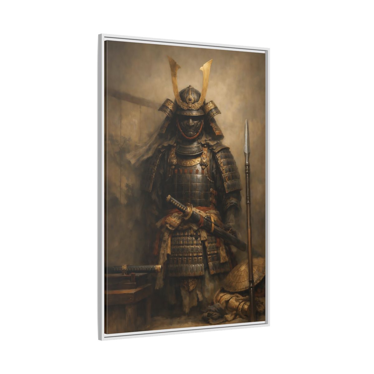Side Mockup 7. Vintage Samurai Brown And Gold shown as stretched canvas wall art