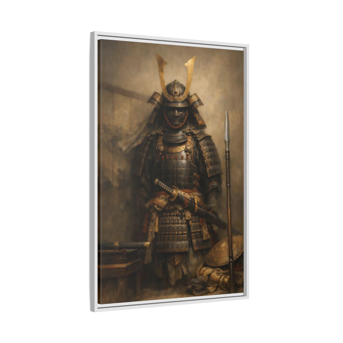 Side Mockup 9. Vintage Samurai Brown And Gold shown as stretched canvas wall art