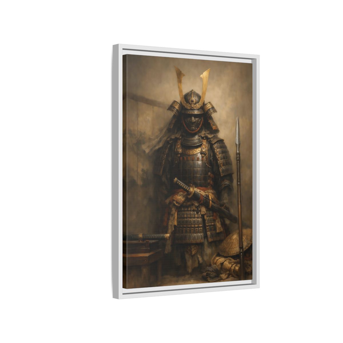 Side Mockup 1. Vintage Samurai Brown And Gold shown as stretched canvas wall art
