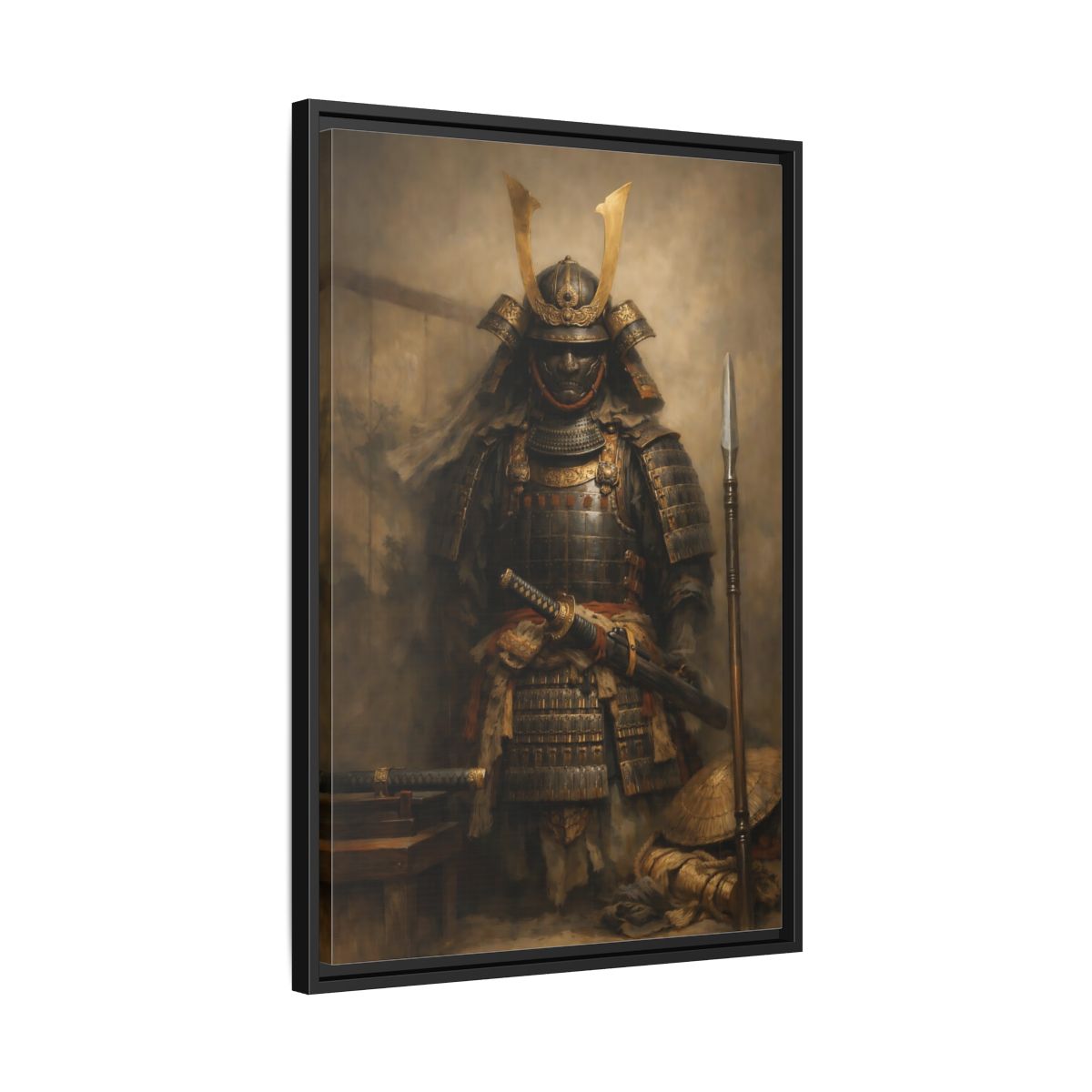 Side Mockup 14. Vintage Samurai Brown And Gold shown as stretched canvas wall art