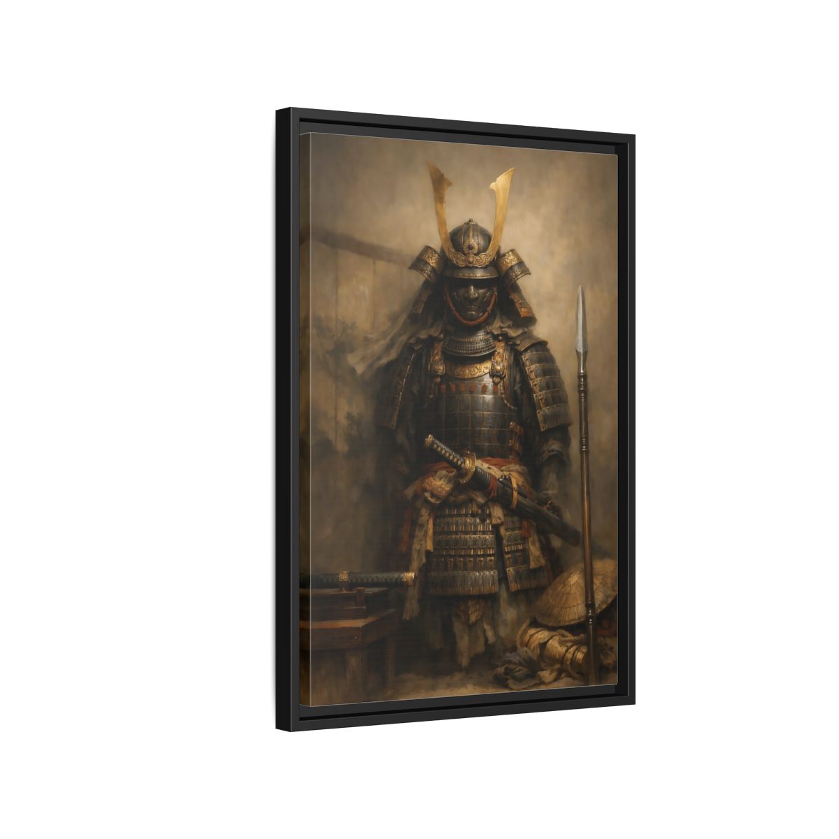Side Mockup 3. Vintage Samurai Brown And Gold shown as stretched canvas wall art