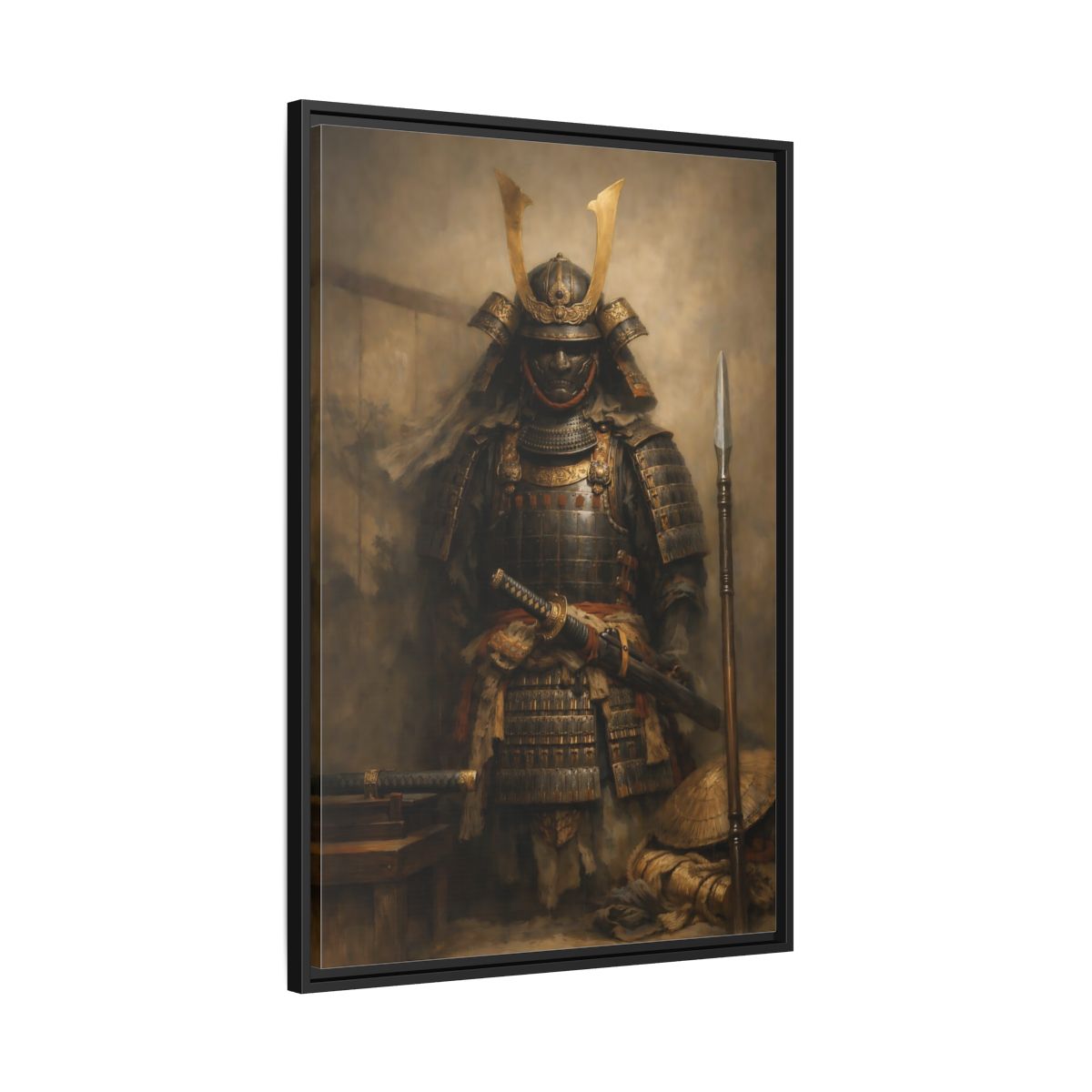 Side Mockup 13. Vintage Samurai Brown And Gold shown as stretched canvas wall art