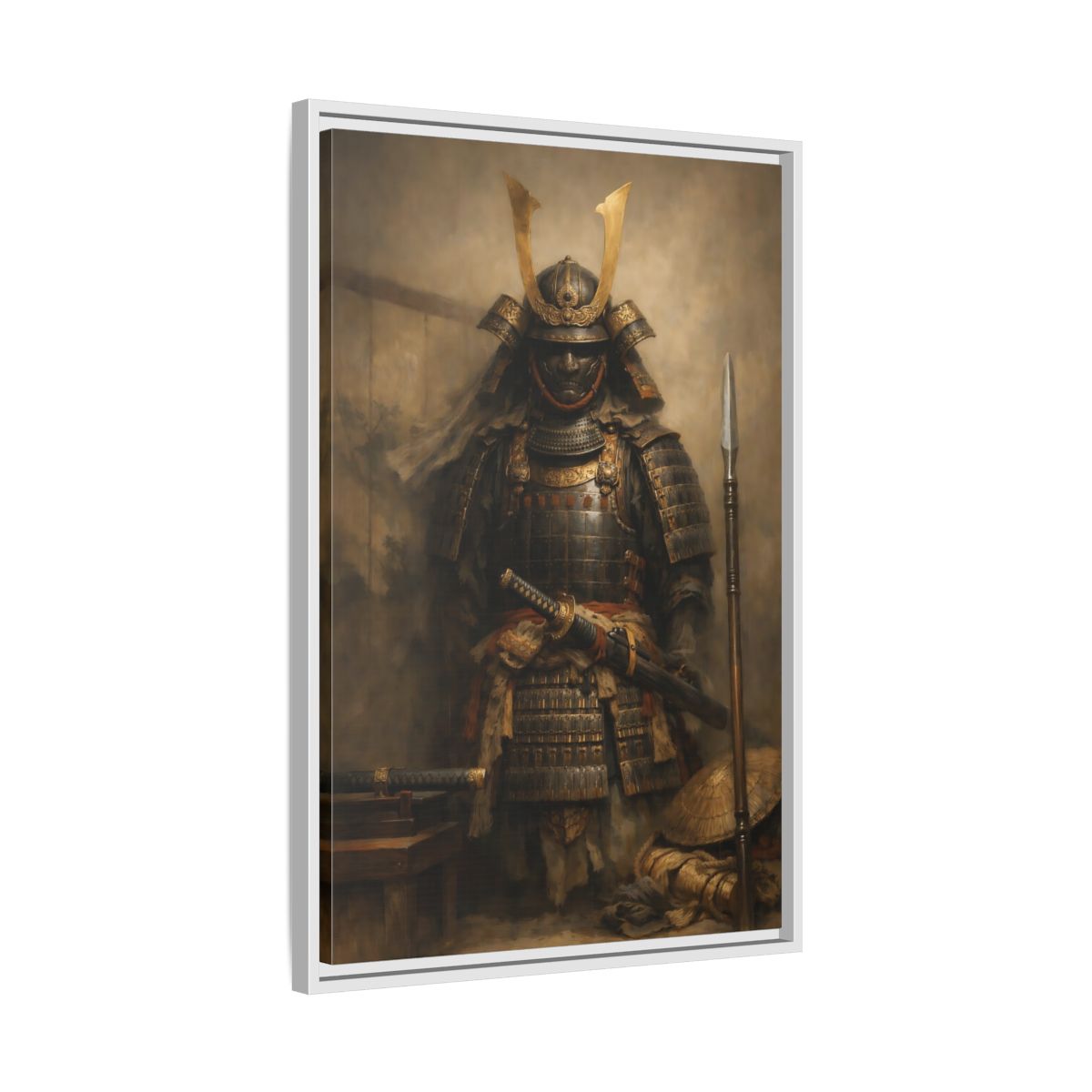Side Mockup 11. Vintage Samurai Brown And Gold shown as stretched canvas wall art