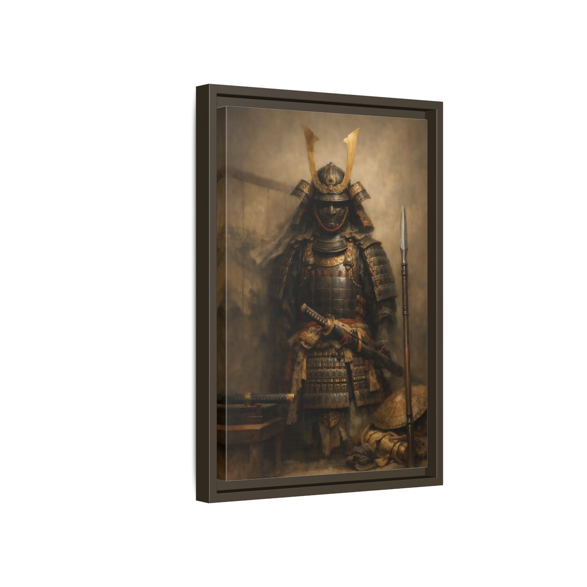 Side Mockup 5. Vintage Samurai Brown And Gold shown as stretched canvas wall art