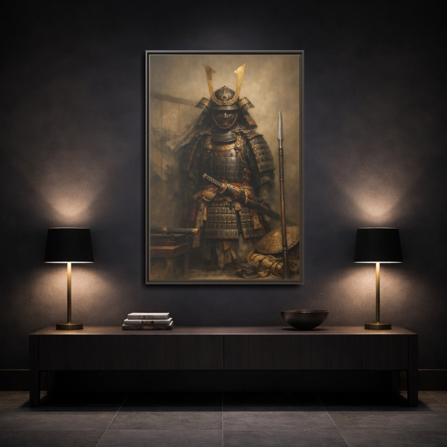 Mockup 2. Vintage Samurai Brown And Gold shown as stretched canvas wall art