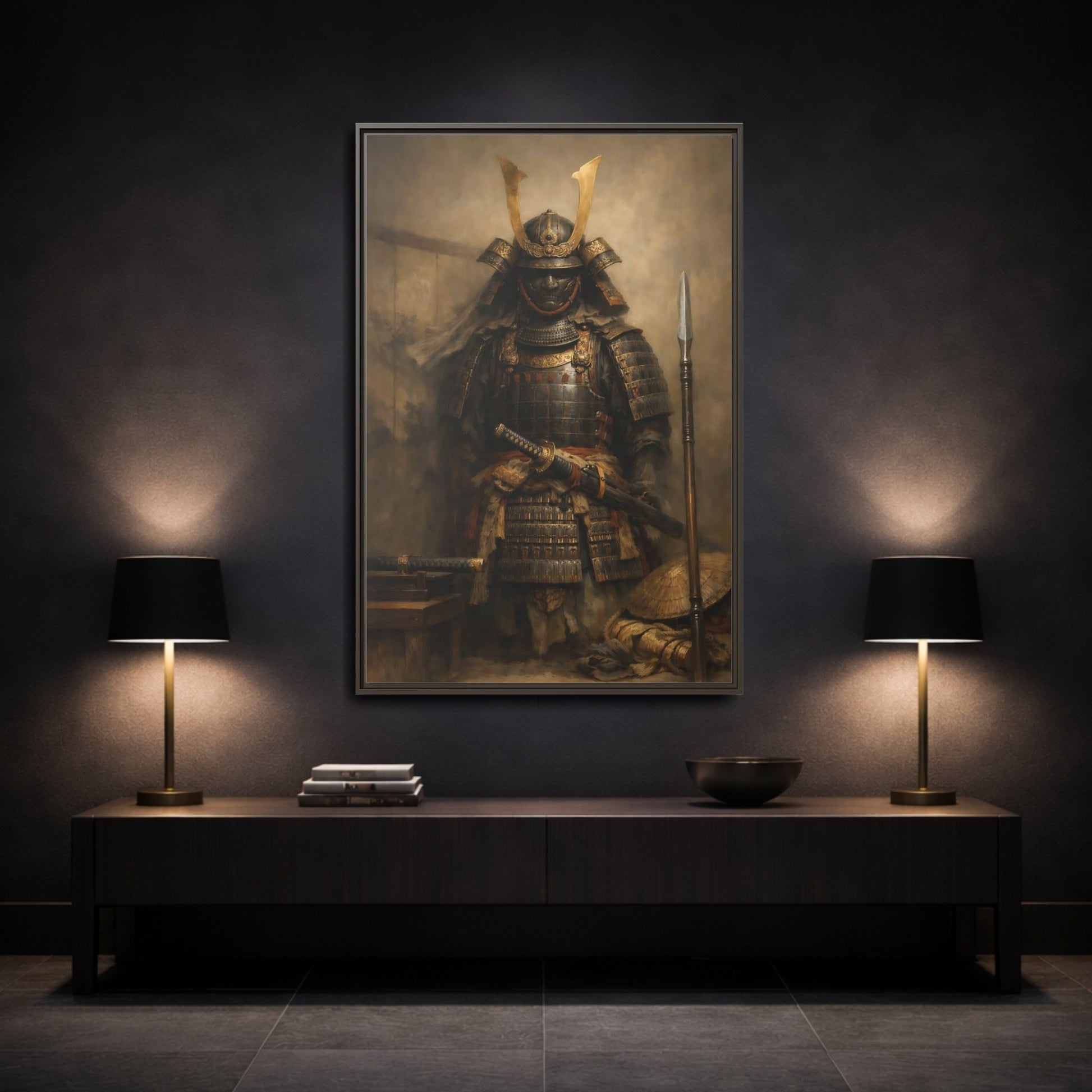 Mockup 2. Vintage Samurai Brown And Gold shown as stretched canvas wall art