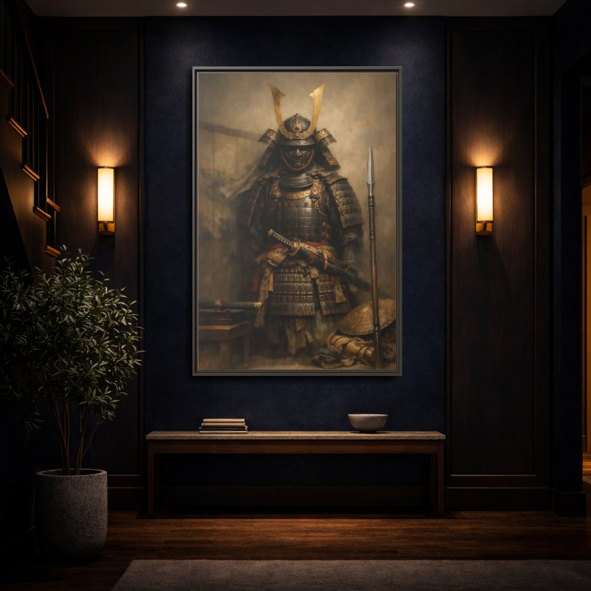 Mockup 3. Vintage Samurai Brown And Gold shown as stretched canvas wall art