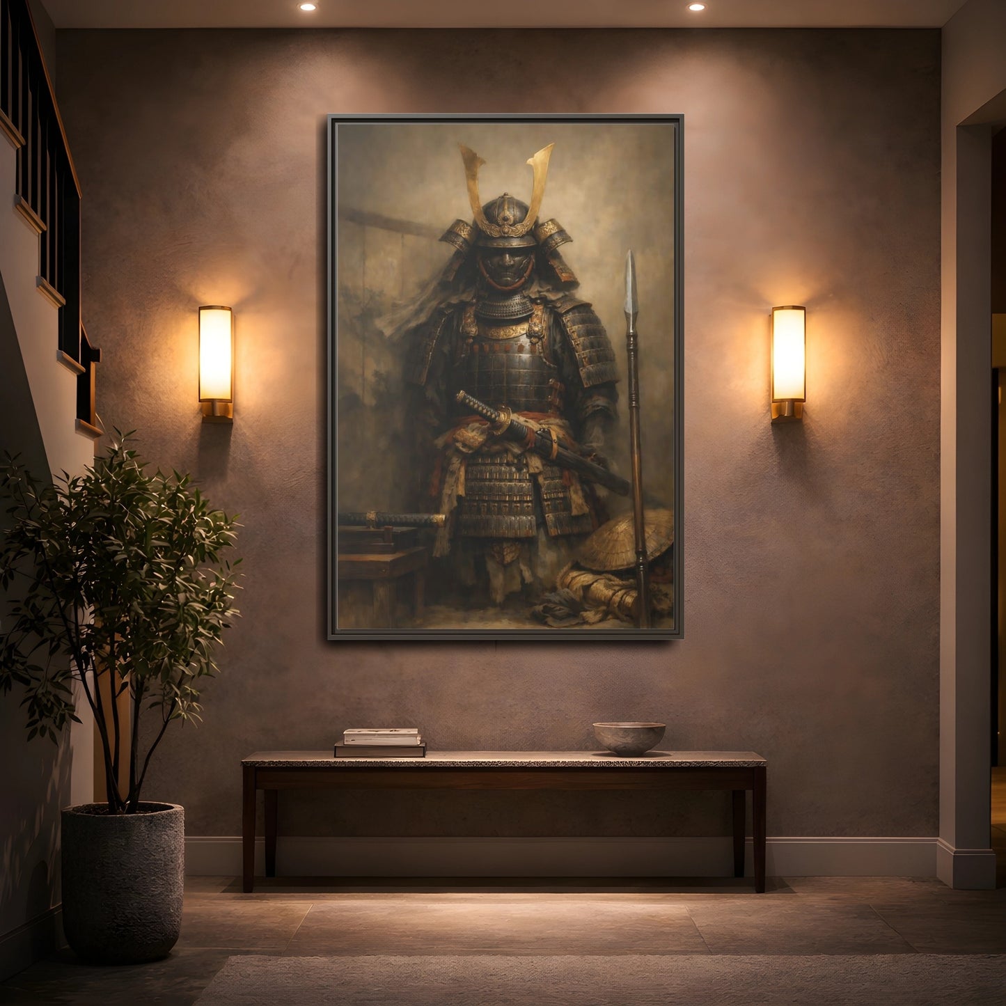 Mockup 4. Vintage Samurai Brown And Gold shown as stretched canvas wall art