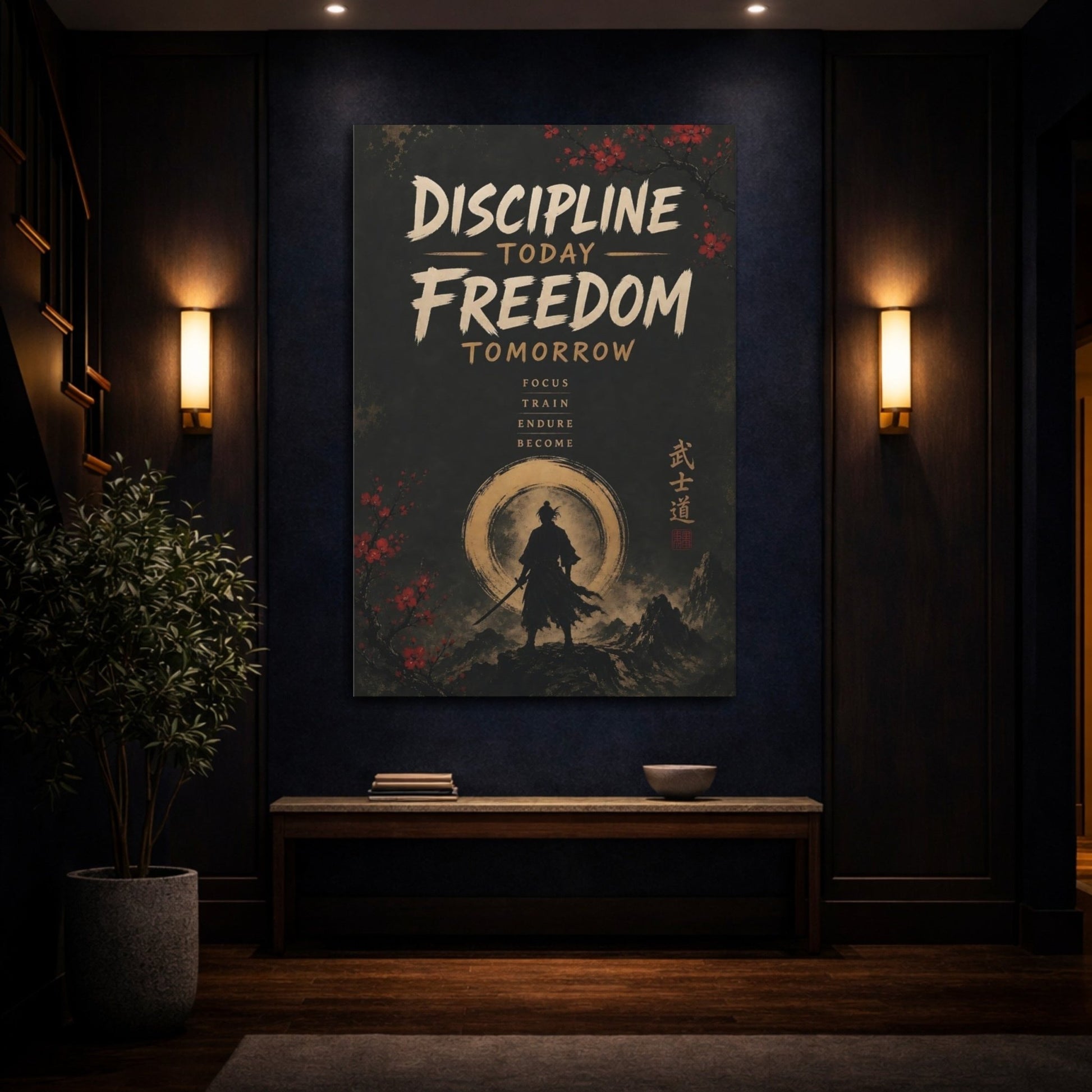 Vintage Samurai Discipline Canvas Print – Office, Behind Desk, Black Gold Red - YesArtYes