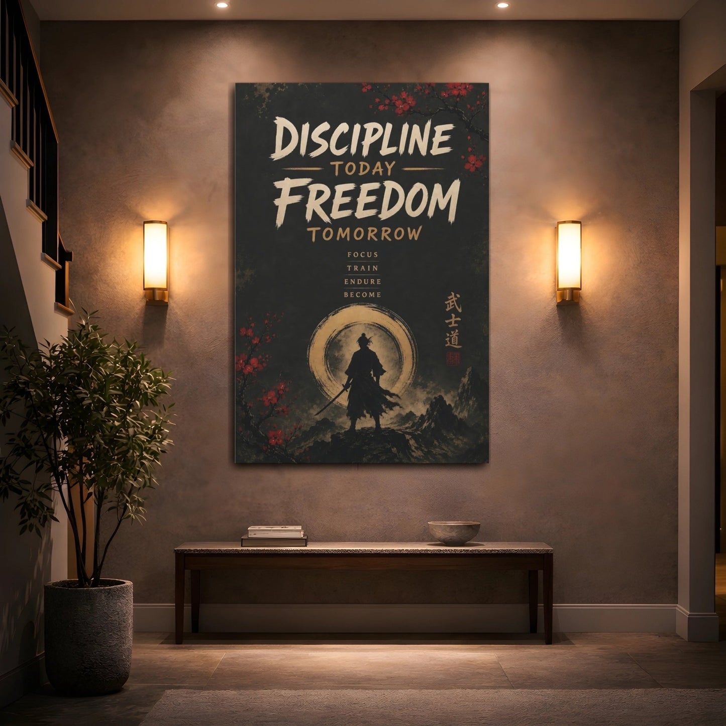 Vintage Samurai Discipline Canvas Print – Office, Behind Desk, Black Gold Red - YesArtYes