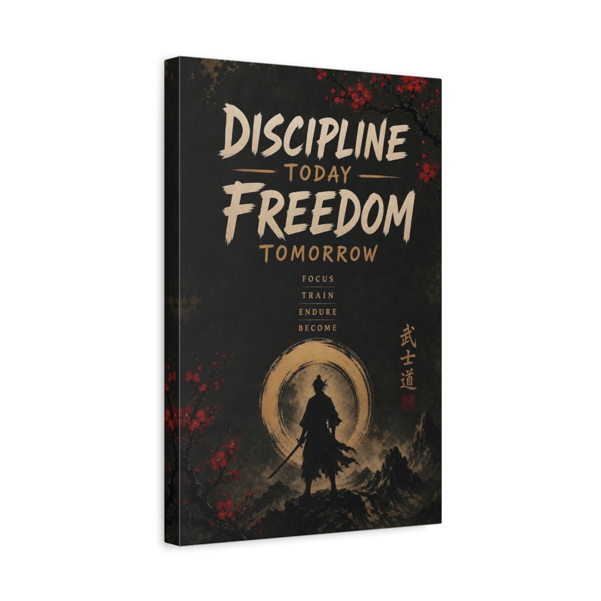 Vintage Samurai Discipline Canvas Print – Office, Behind Desk, Black Gold Red - YesArtYes