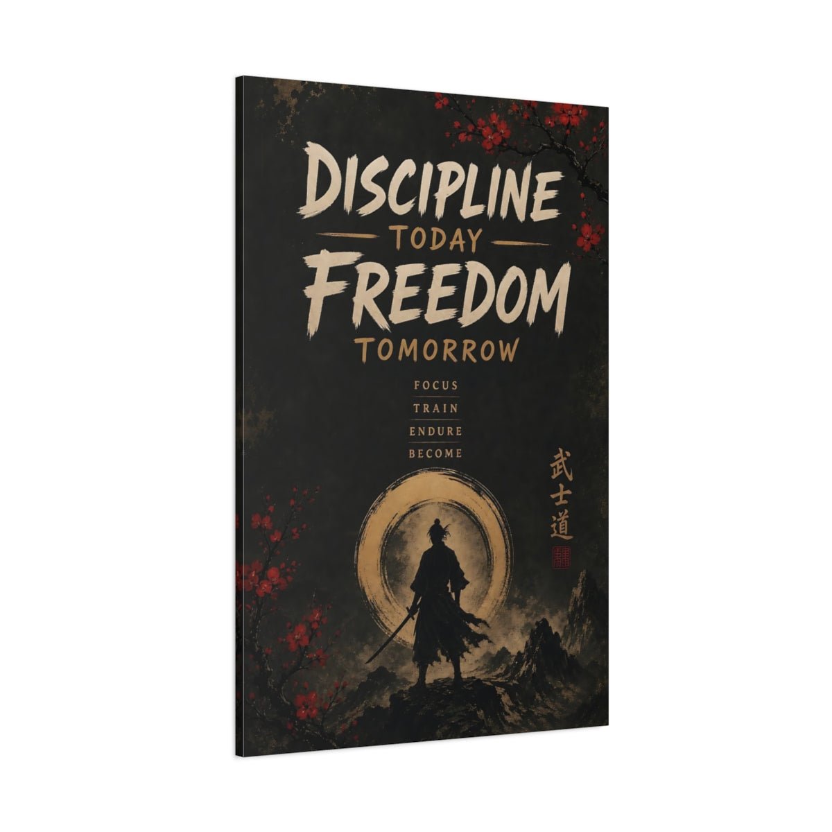 Vintage Samurai Discipline Canvas Print – Office, Behind Desk, Black Gold Red - YesArtYes