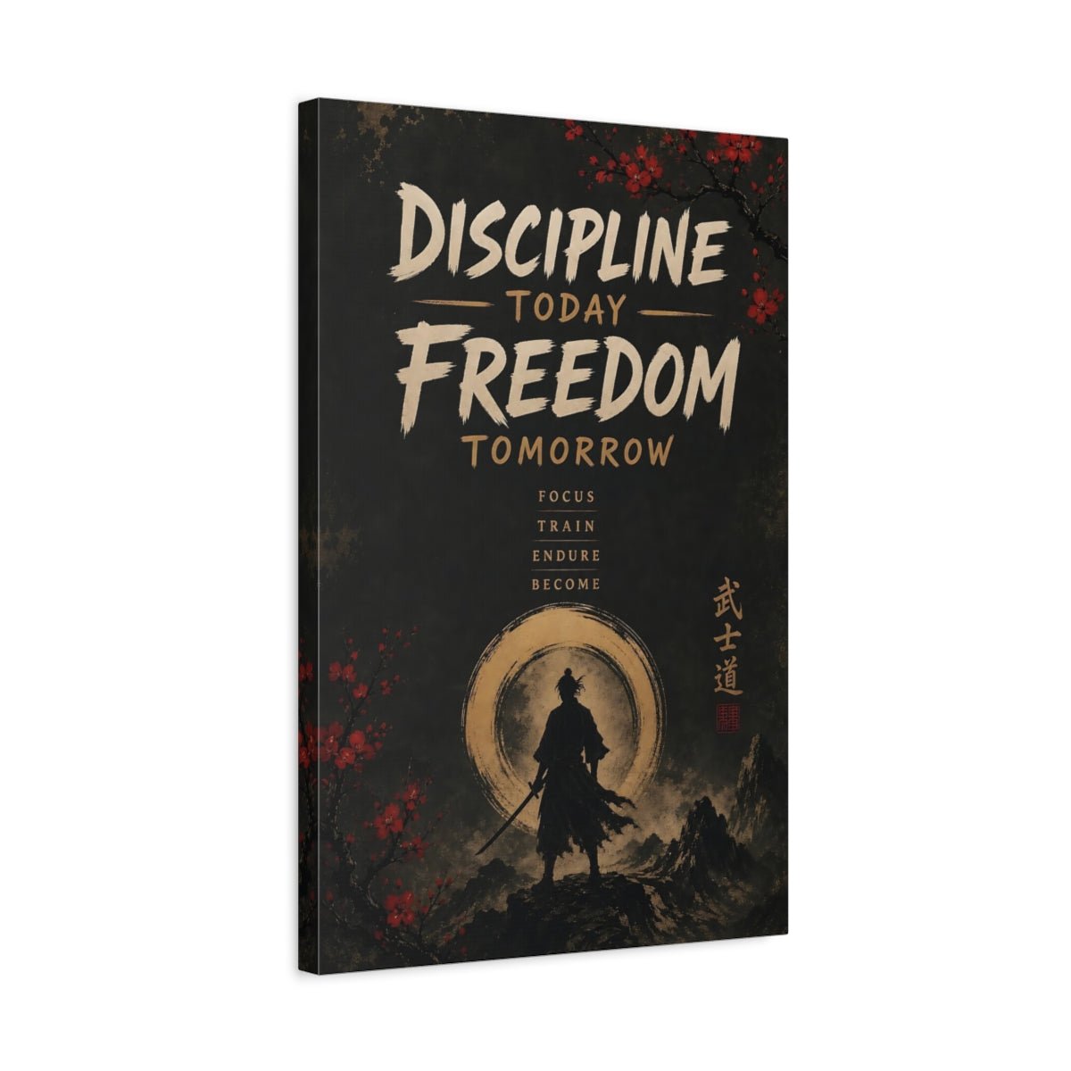 Vintage Samurai Discipline Canvas Print – Office, Behind Desk, Black Gold Red - YesArtYes