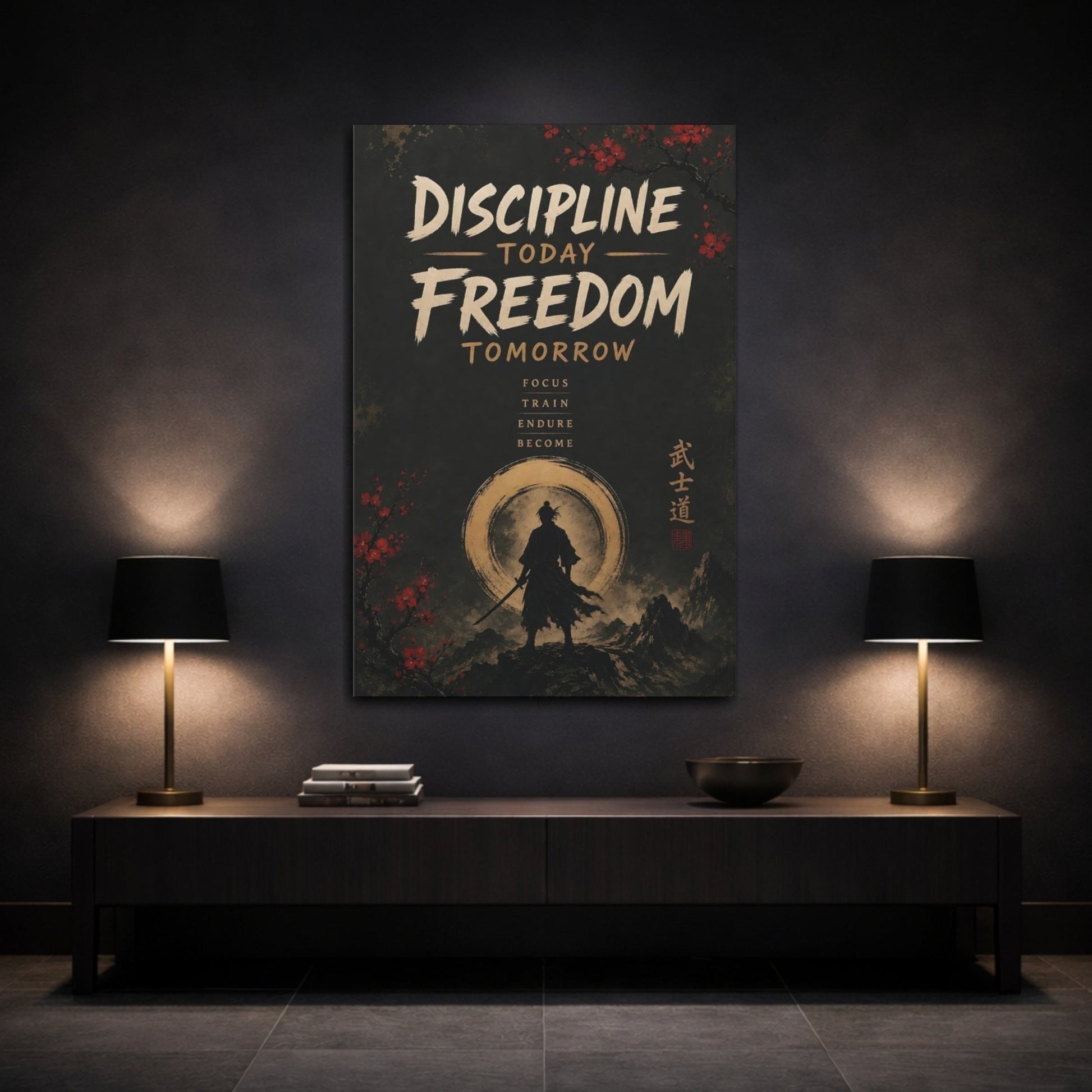Vintage Samurai Discipline Canvas Print – Office, Behind Desk, Black Gold Red - YesArtYes