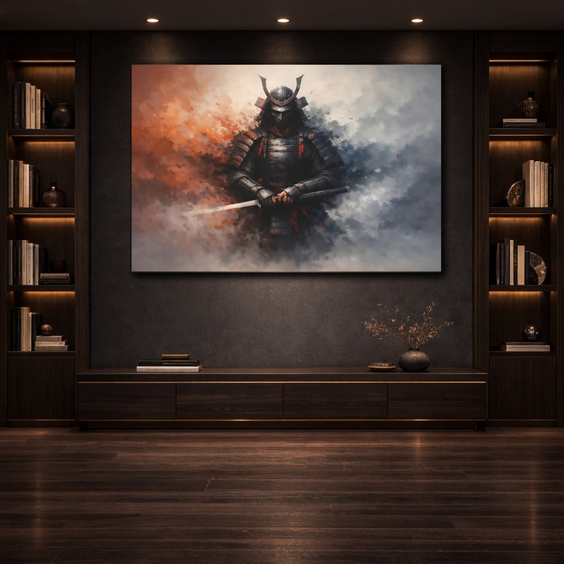 Vintage Samurai Warrior Orange Grey - Canvas Wall Art Print - YesArtYes
