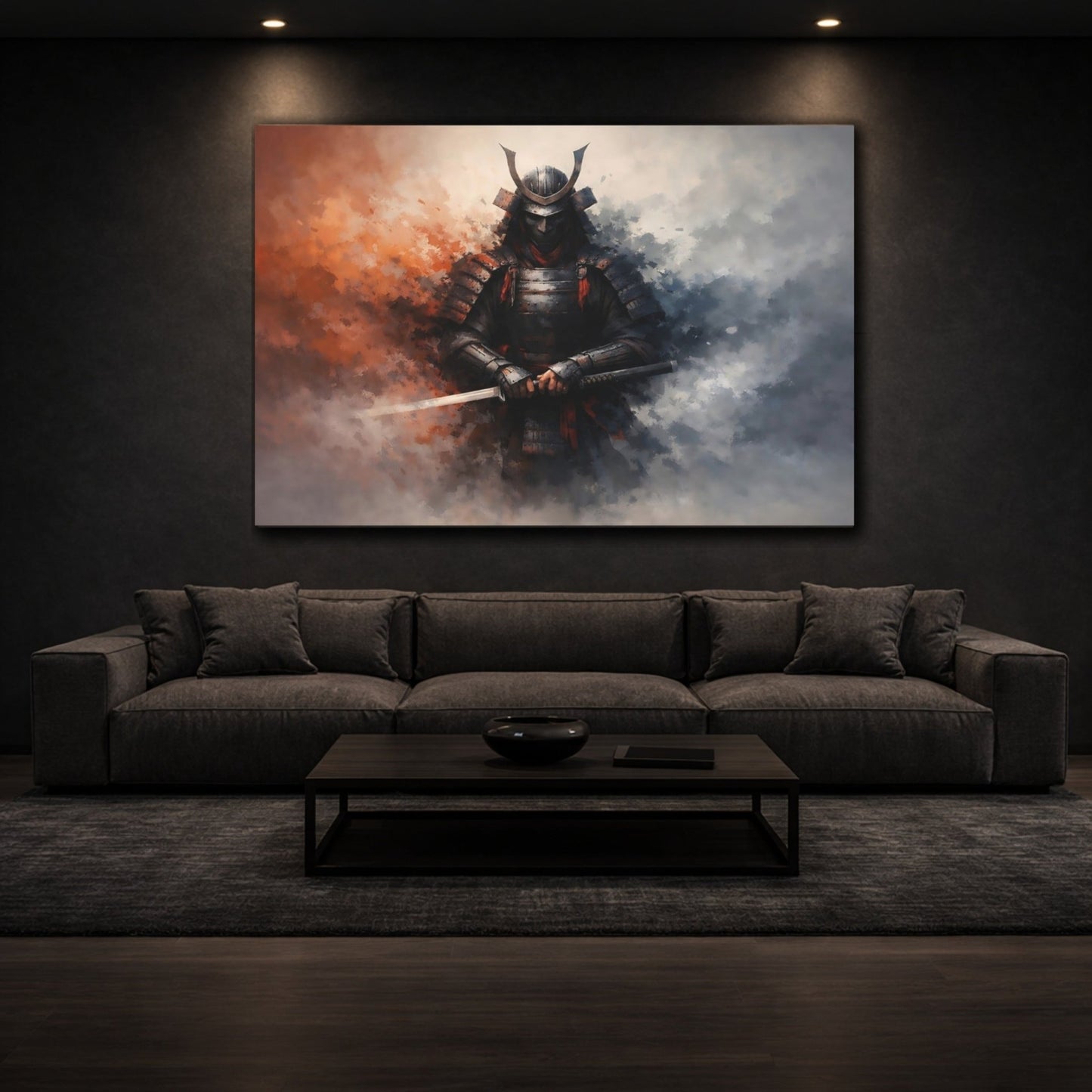 Vintage Samurai Warrior Orange Grey - Canvas Wall Art Print - YesArtYes