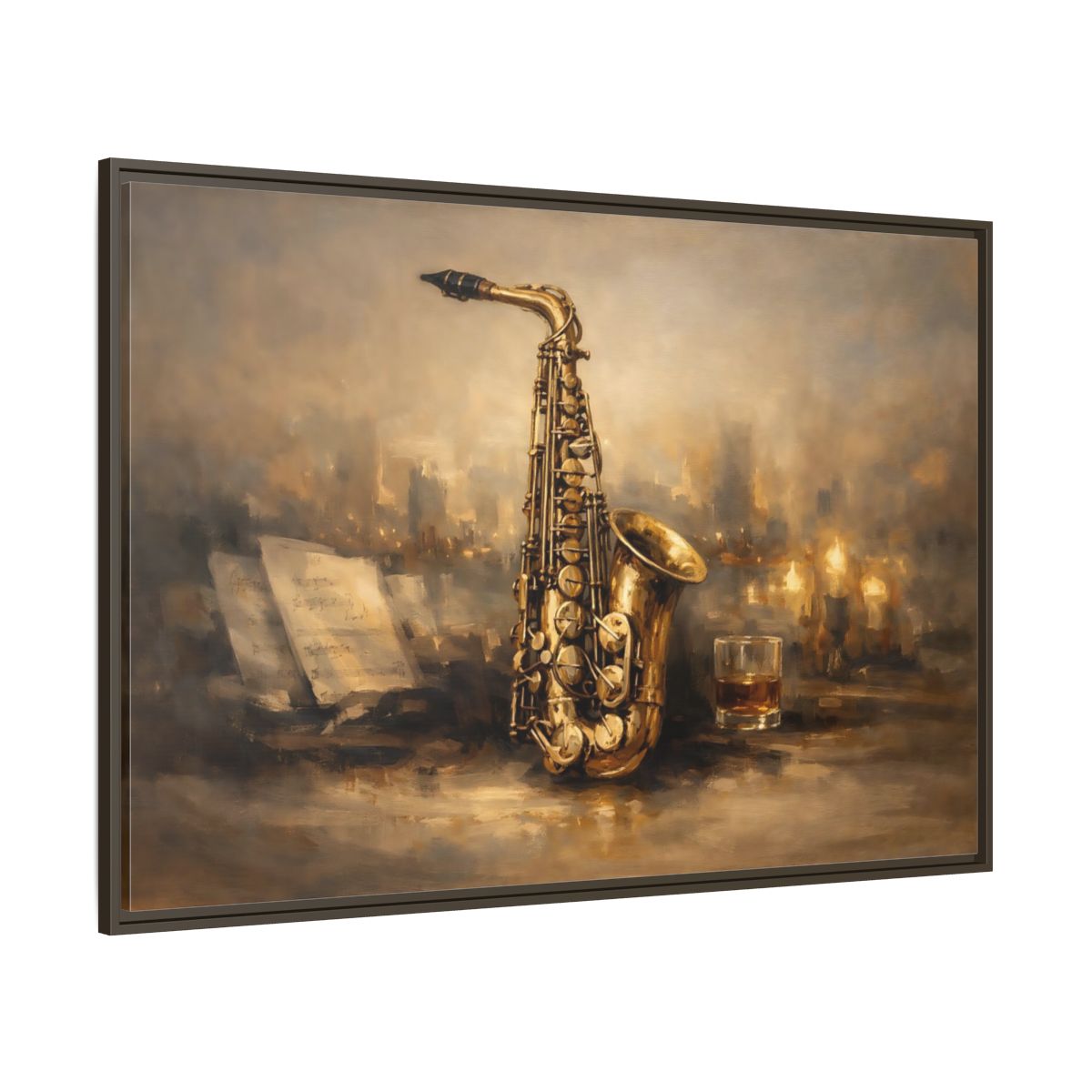 Main Mockup. Vintage Saxophone Brown And Gold shown as stretched canvas wall art