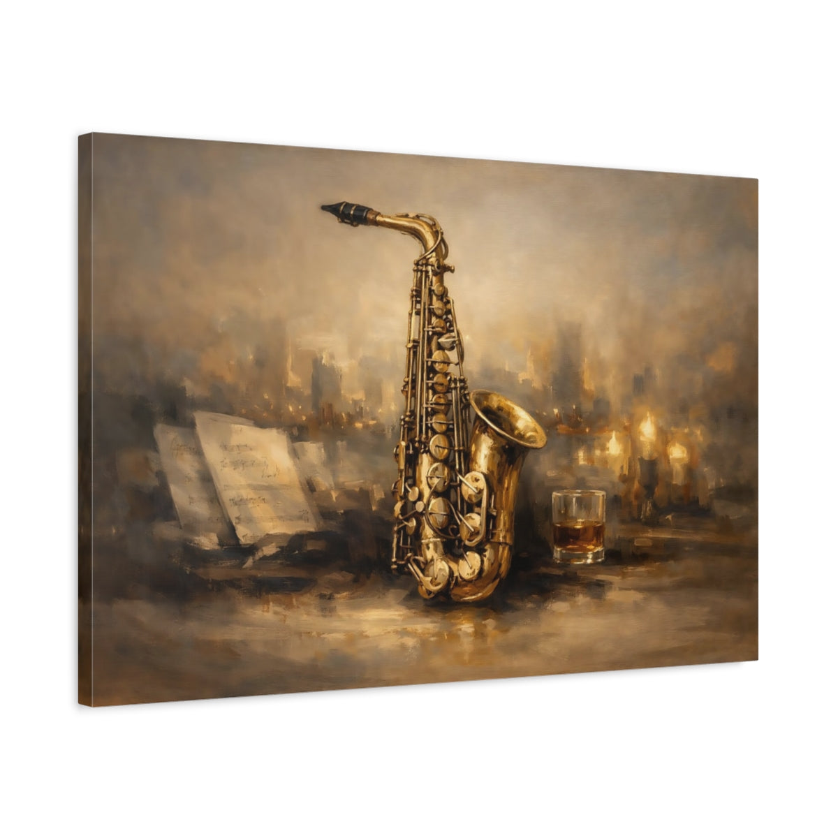 Side Mockup 2. Vintage Saxophone Brown And Gold shown as stretched canvas wall art
