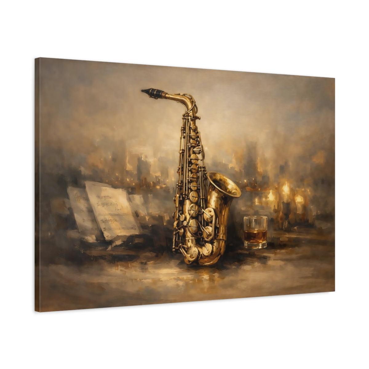 Side Mockup 1. Vintage Saxophone Brown And Gold shown as stretched canvas wall art
