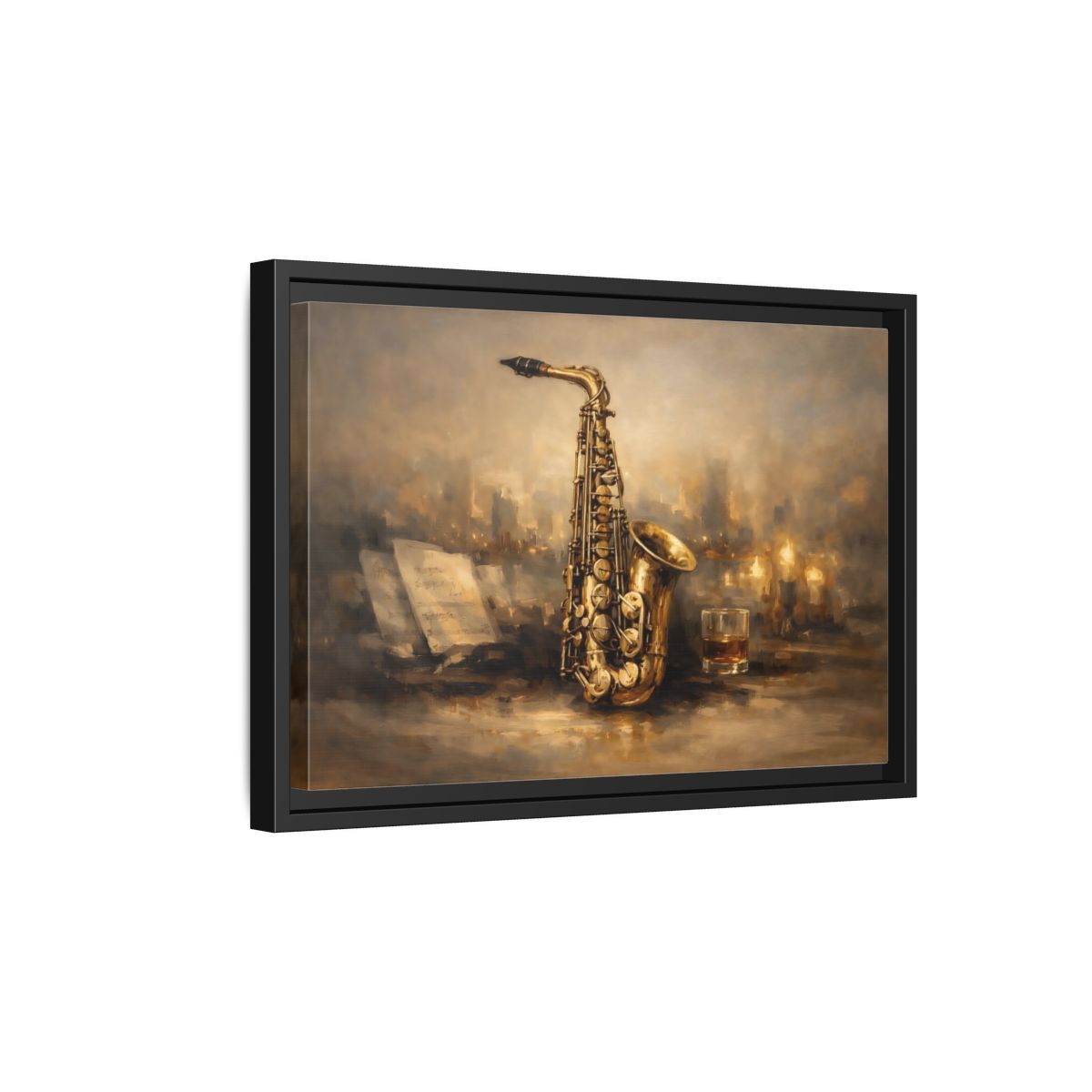 Side Mockup 6. Vintage Saxophone Brown And Gold shown as stretched canvas wall art