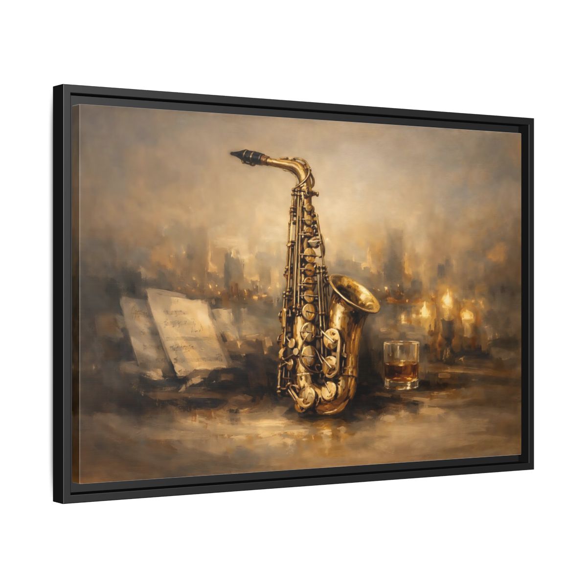 Side Mockup 14. Vintage Saxophone Brown And Gold shown as stretched canvas wall art