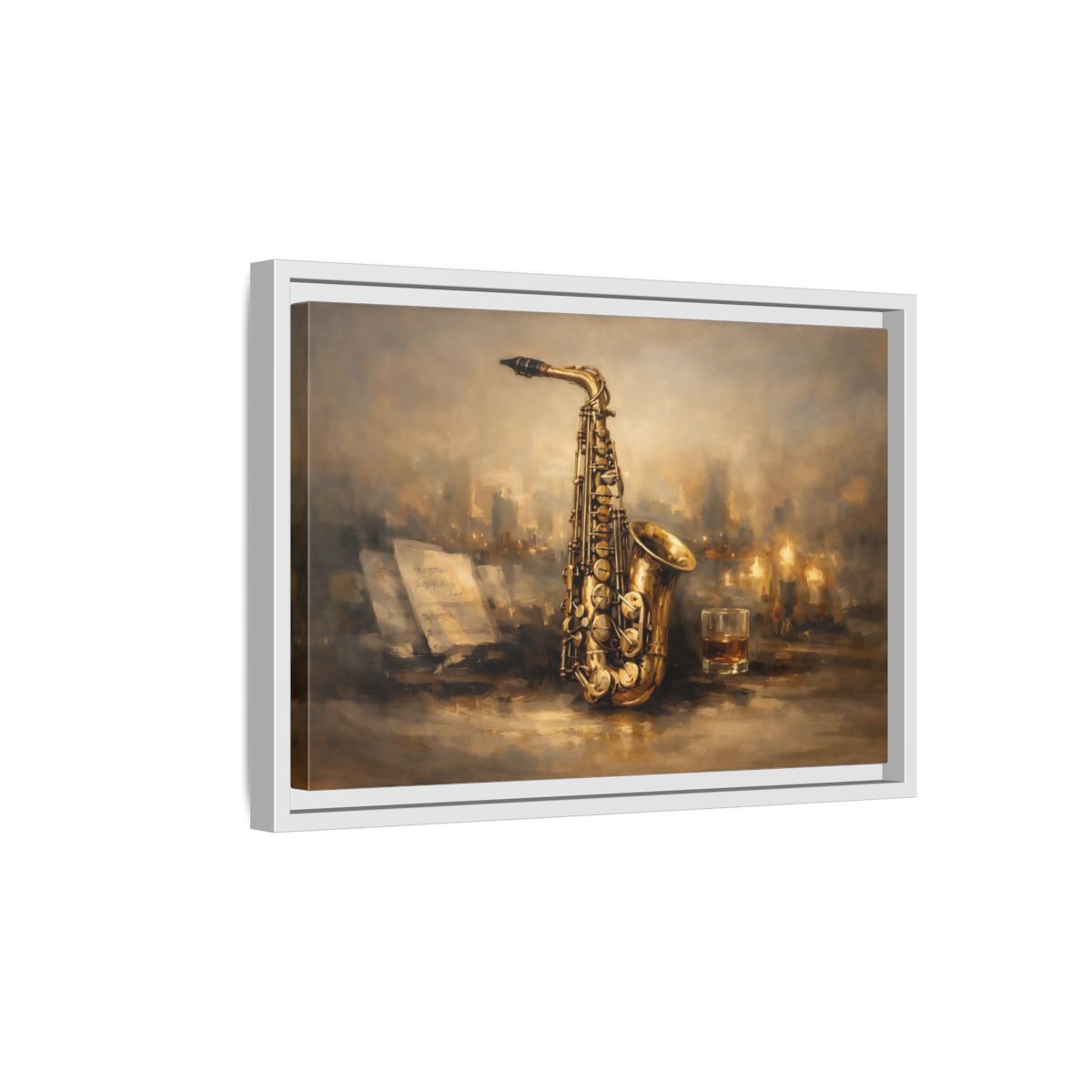 Side Mockup 4. Vintage Saxophone Brown And Gold shown as stretched canvas wall art