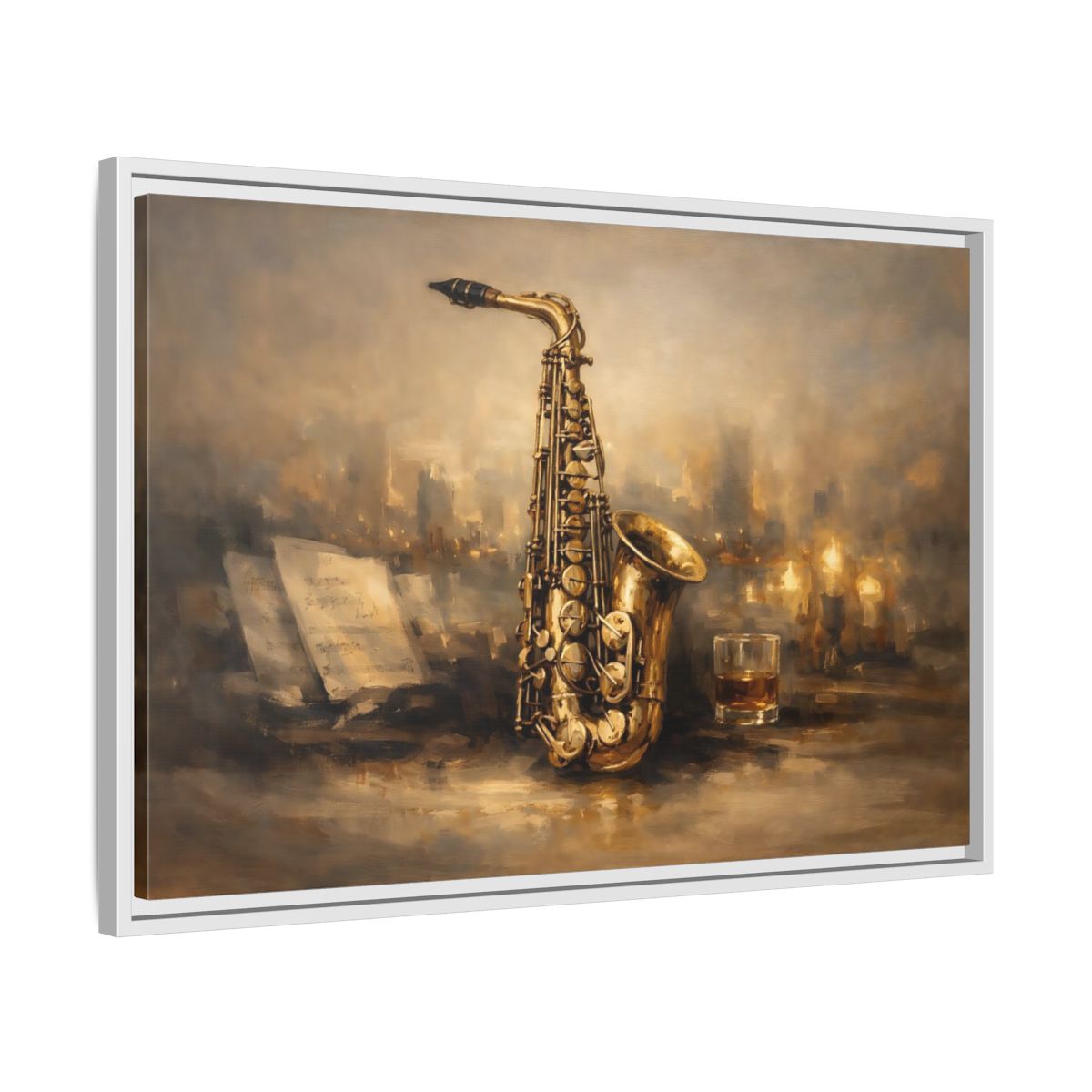 Side Mockup 10. Vintage Saxophone Brown And Gold shown as stretched canvas wall art