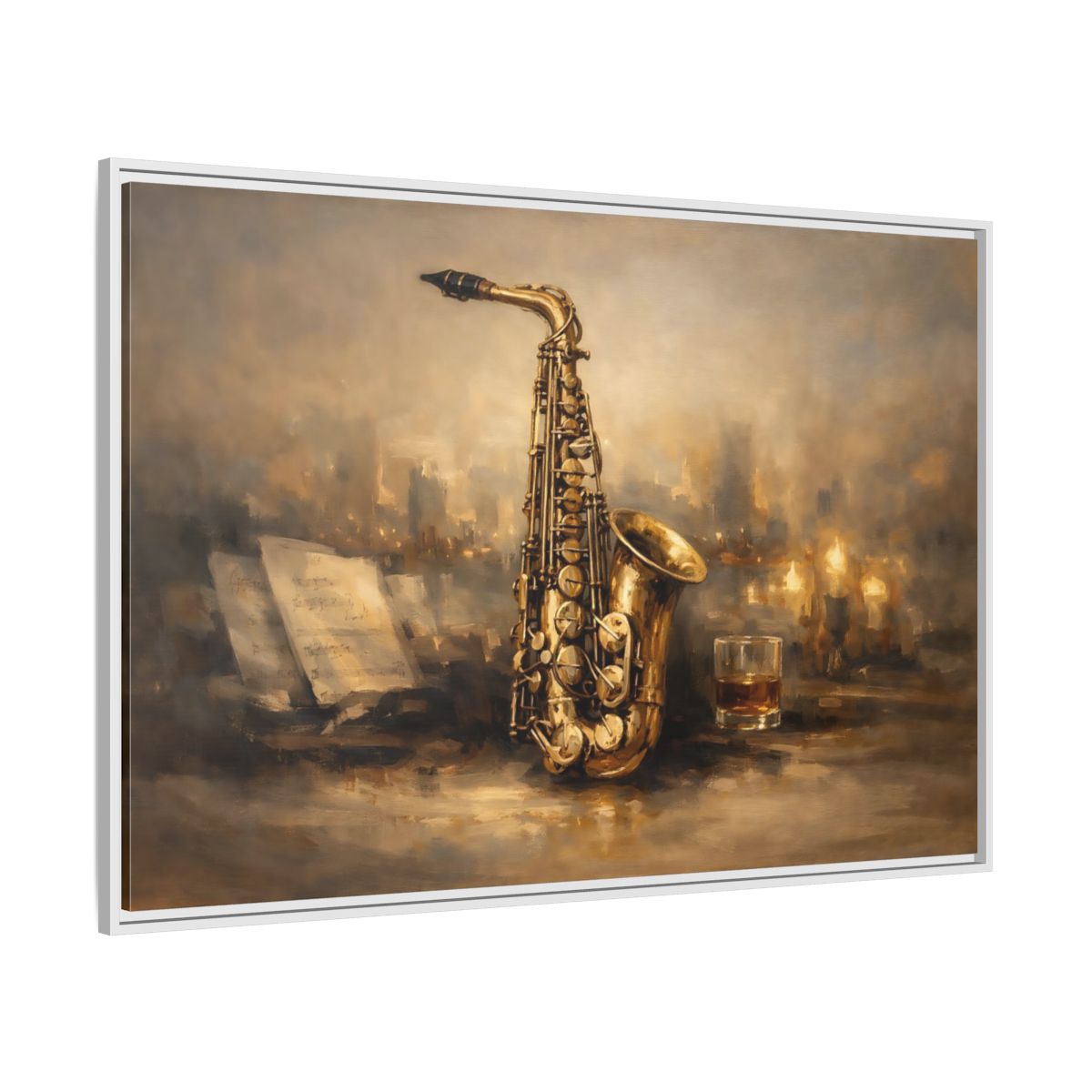 Side Mockup 7. Vintage Saxophone Brown And Gold shown as stretched canvas wall art