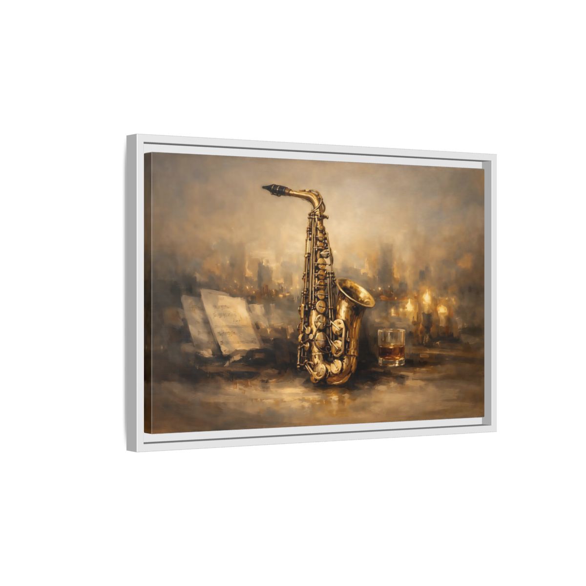 Side Mockup 1. Vintage Saxophone Brown And Gold shown as stretched canvas wall art