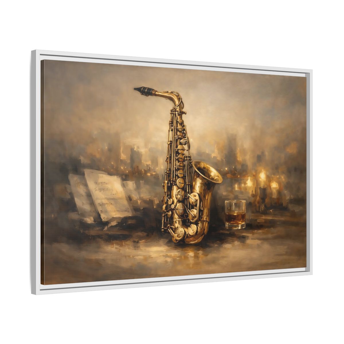 Side Mockup 8. Vintage Saxophone Brown And Gold shown as stretched canvas wall art