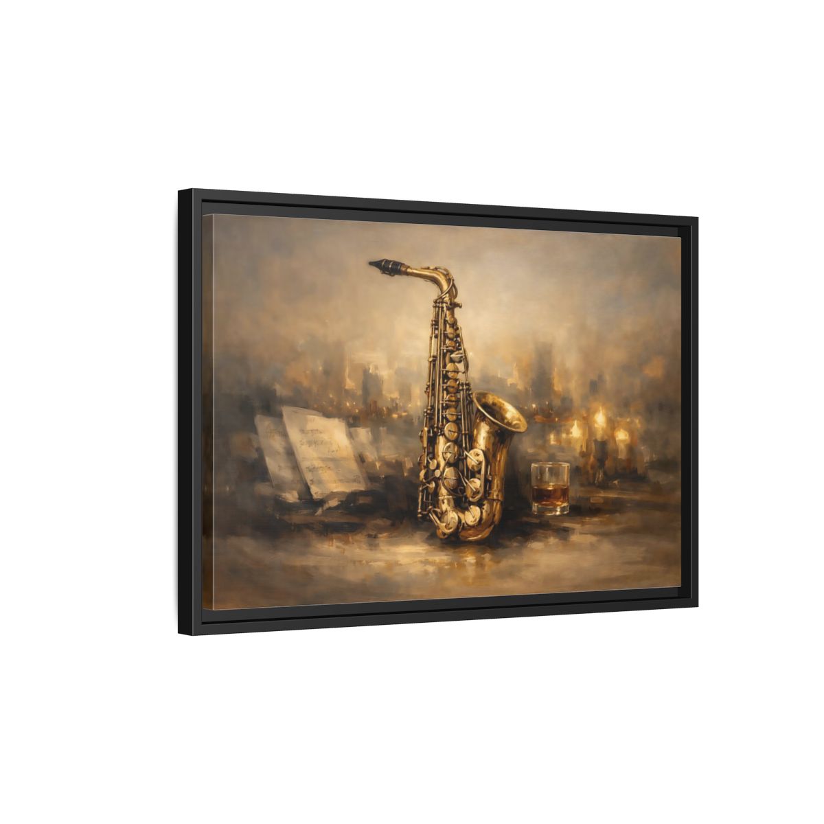 Side Mockup 3. Vintage Saxophone Brown And Gold shown as stretched canvas wall art