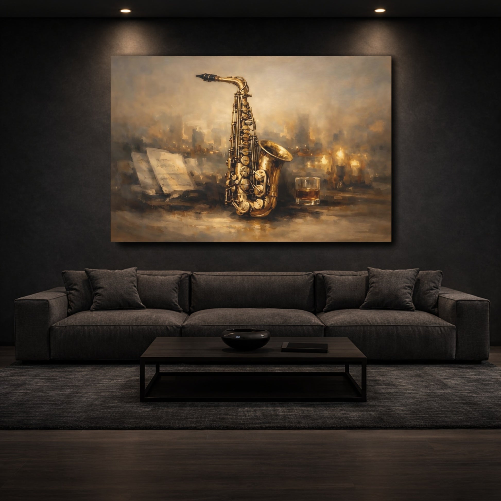 Mockup 2. Vintage Saxophone Brown And Gold shown as stretched canvas wall art