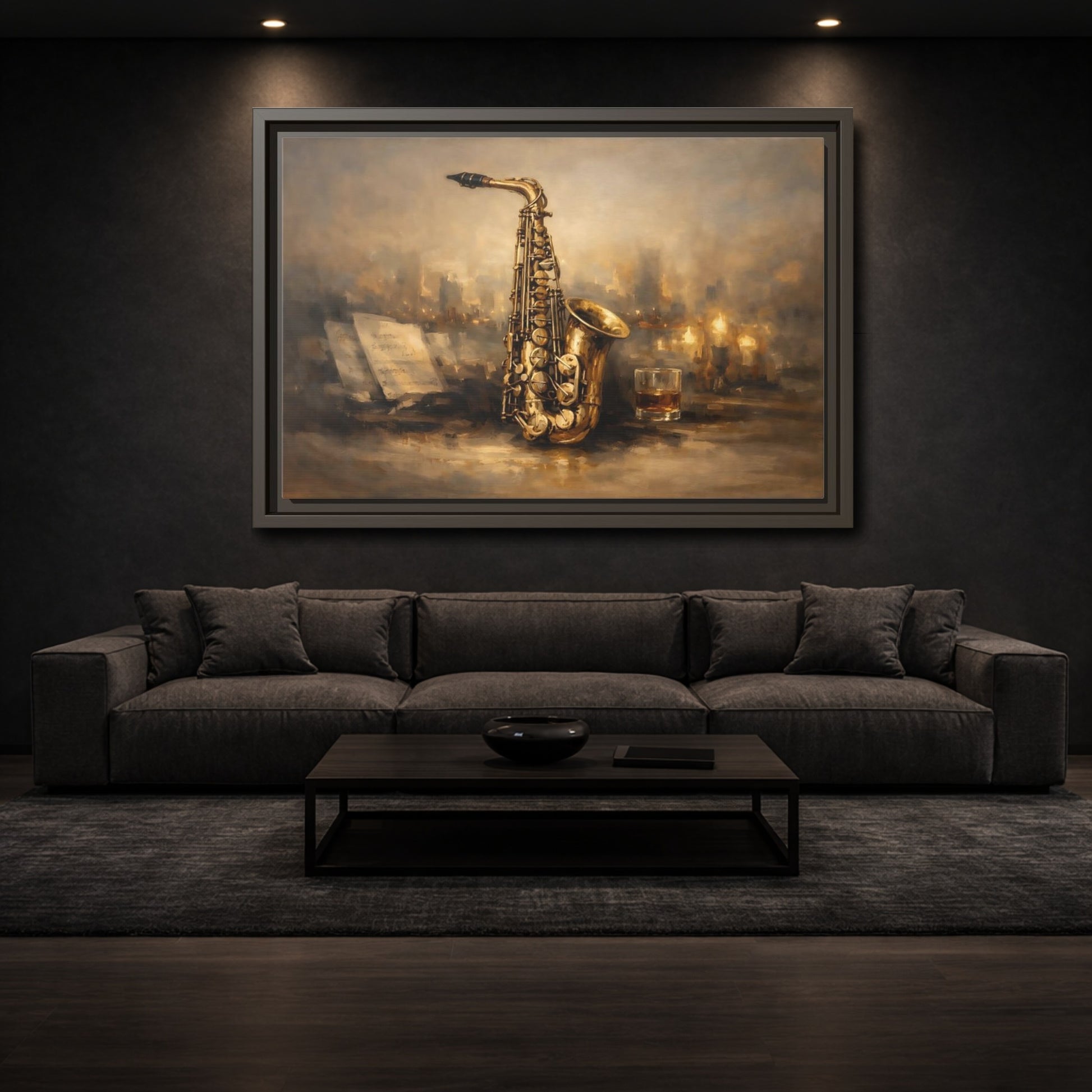 Mockup 2. Vintage Saxophone Brown And Gold shown as stretched canvas wall art