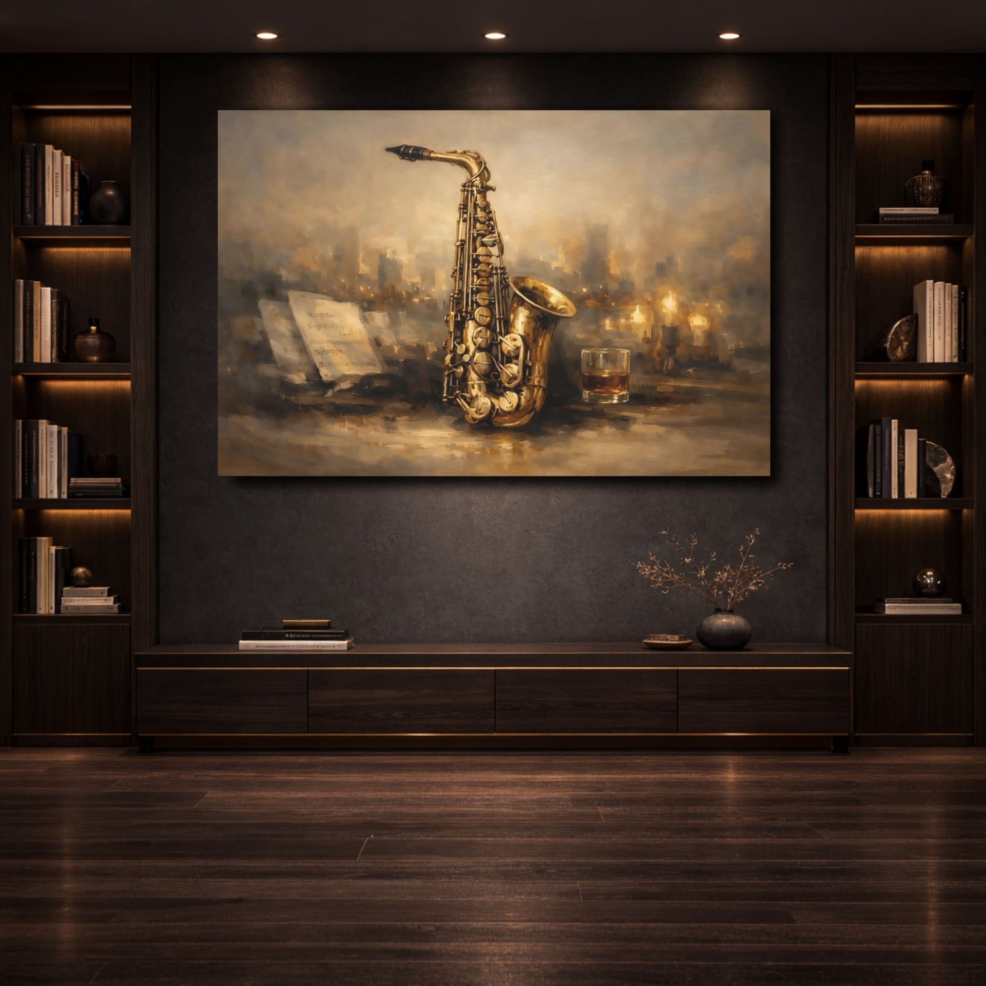 Mockup 3. Vintage Saxophone Brown And Gold shown as stretched canvas wall art